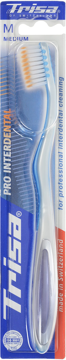 Trisa Зубная щетка Pro Interdental, средняя жесткость, цвет: голубойMP59.4D Trisa Зубная щетка Pro Interdental, средняя жесткость, цвет: голубойMP59.4DЗубная щетка Trisa Pro Interdental средней степени жесткости щетины превосходно чистит зубы и межзубные промежутки. Такая щетка особенно удобна в эксплуатации. Благодаря оригинальной форме щетинок, очищаются одновременно поверхность и межзубной промежуток, а короткие щетинки специальной формы удаляют зубной налет и предотвращают его появление. У щетки очень удобная форма ручки, которая обеспечивает отличный упор для большого пальца и не позволяет щетке выскальзывать во время использования.