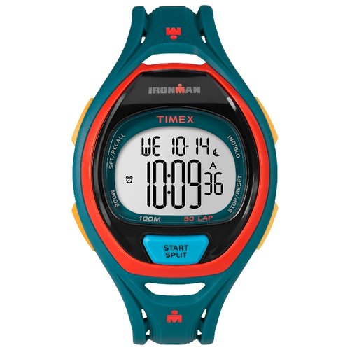 Наручные часы Timex Ironman, цвет: синий. TW5M01400BM8434-58AE Наручные часы Timex Ironman, цвет: синий. TW5M01400BM8434-58AEКорпус 42 мм темно-бирюзового цвета, Секундомер с функцией LAP (50), Интервальный таймер, таймер обратного отсчета, будильник, Водозащита 10ATM, Подсветка INDIGLO®