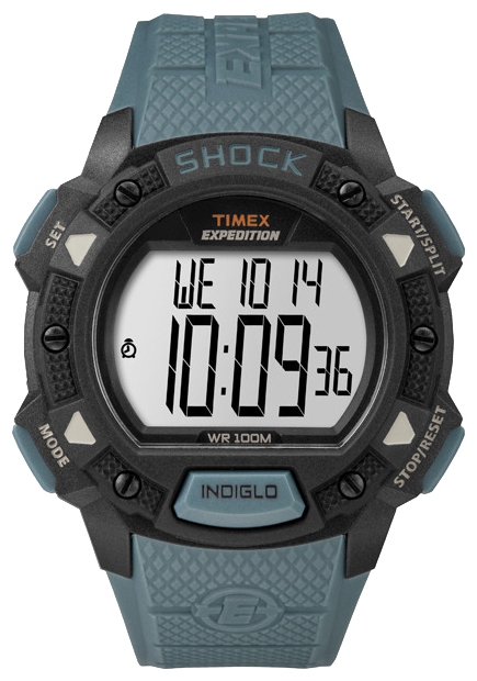 Наручные часы Timex Expedition, цвет: черный, синий. TW4B09400BM8434-58AE Наручные часы Timex Expedition, цвет: черный, синий. TW4B09400BM8434-58AEКорпус 45 мм черн. цв. из закаленной резины; ремешок из закаленной резины сер. цв.; электр. циферблат; хезалитовое стекло; 100-час. хронограф; 24-час. секундомер; три будильника 2 часовых пояса; подсветка INDIGLO с ночным режимом; водозащита 10 AТМ