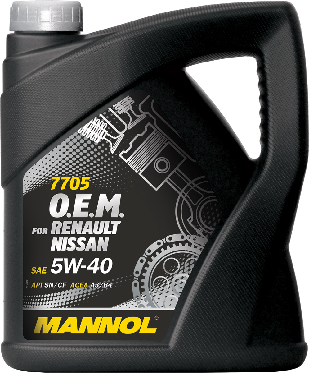 Моторное масло MANNOL 7705 O.E.M. Renault, Nissan, 5W40, синтетическое, 4 лS03301004 Моторное масло MANNOL 7705 O.E.M. Renault, Nissan, 5W40, синтетическое, 4 лS03301004Mannol 7705 O.E.M. 5W-40 - синтетическое моторное масло нового поколения, предназначенное для двигателей легковых автомобилей RENAULT-NISSAN. Разработано специально для бензиновых и дизельных двигателей (без DPF) с системами непосредственного впрыска, с турбонаддувом или без него. Обладает высокими антиокислительными свойствами и превосходными моюще-диспергирующими характеристиками, что предупреждает образование отложений на деталях двигателя. Обеспечивает легкий пуск двигателя при низких температурах. Применимо при любых условиях эксплуатации (езда по городу, автостраде и автомагистрали), в том числе и в экстремальных условиях. Создано специально для выполнения требований производителей двигателей Renault/Nissan/Infinity по увеличению интервалов замены масла. Продукт имеет допуски / соответствует спецификациям / продуктам:SAE 5W-40API SN/CFACEA A3/B4MB 229.3PORSCHE A40VW 502.00/505.00OPEL GM-LL-A/B-025RENAULT RN 0700/0710NISSAN/INFINITI