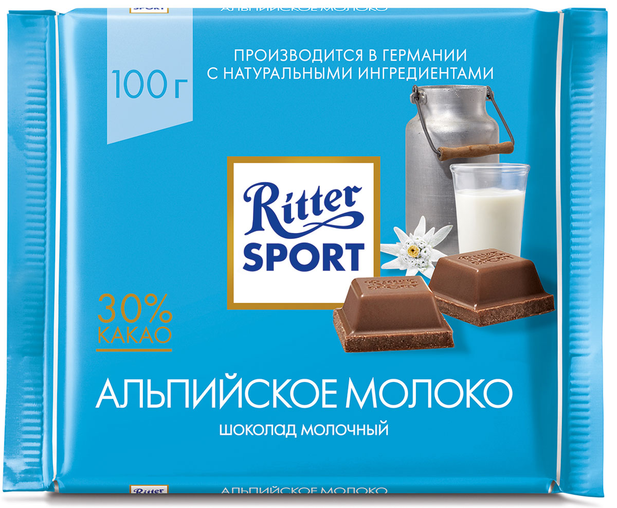 Ritter Sport Альпийское молоко Шоколад молочный с альпийским молоком, 100 г0120710 Ritter Sport Альпийское молоко Шоколад молочный с альпийским молоком, 100 г0120710Нежное альпийское молоко.Пищевая ценность на 100 г: белки - 8 г, углеводы - 55 г, жиры - 32 г, в том числе насыщенные жирные кислоты - 18,98 г, в том числе трансизомеры ненасыщенных жирных кислот - 0,23 г.