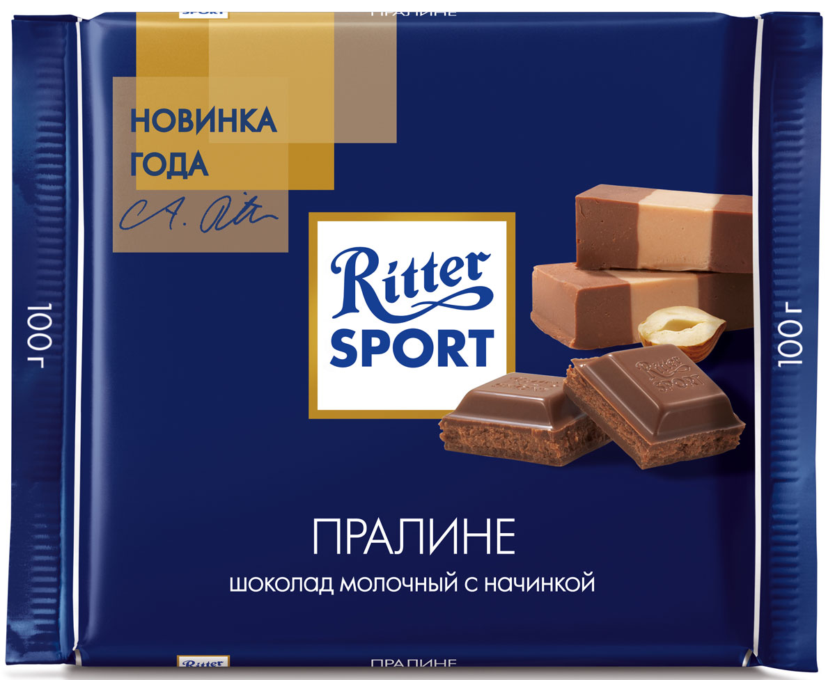 Ritter Sport Пралине Шоколад молочный с пралиновой начинкой, 100 г0120710 Ritter Sport Пралине Шоколад молочный с пралиновой начинкой, 100 г0120710Молочный шоколад с пралиновой начинкой.Пищевая ценность на 100 г: белки - 7 г, углеводы - 53 г, жиры - 35 г, в том числе насыщенные жирные кислоты - 14,53 г, в том числе трансизомеры ненасыщенных жирных кислот - 0,14 г.