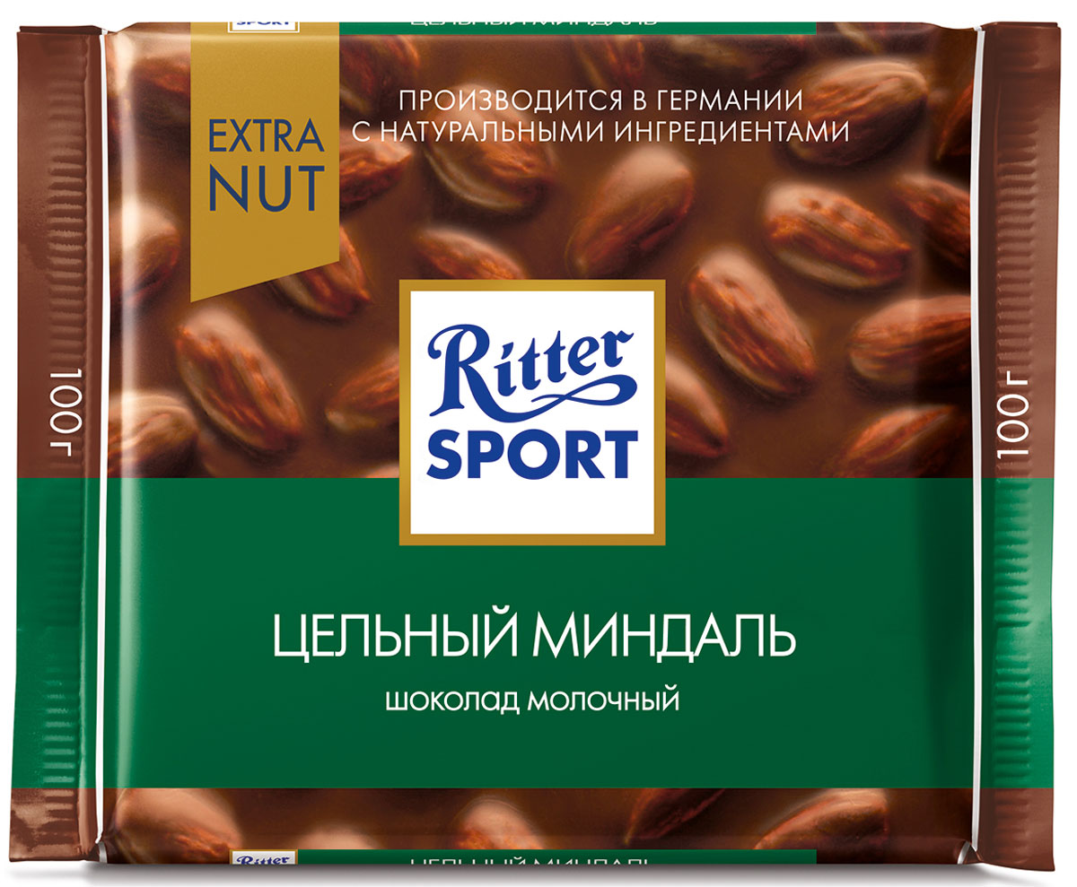 Ritter Sport Цельный миндаль Шоколад молочный с цельным миндалем, 100 г0120710 Ritter Sport Цельный миндаль Шоколад молочный с цельным миндалем, 100 г0120710Еще больше орехов в любимом вкусе Ritter Sport.Пищевая ценность на 100 г: белки - 10 г, углеводы - 45 г, жиры - 37 г, в том числе насыщенные жирные кислоты - 14,40 г, в том числе трансизомеры ненасыщенных жирных кислот - 0,17 г.