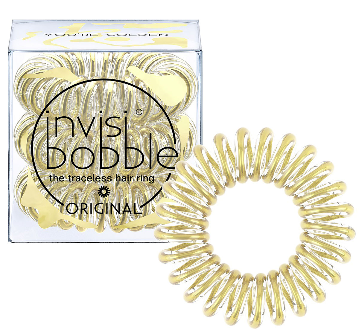 Резинка-браслет для волос Invisibobble Time To Shine You’re Golden, 3 штСерьги с подвесками Резинка-браслет для волос Invisibobble Time To Shine You’re Golden, 3 штСерьги с подвескамиОригинальные резинки-браслеты invisibobble в форме телефонного шнура, созданные в Германии.К самому блестящему сезону invisibobble представляет коллекцию Time to Shine. invisibobble в золотом оттенке Youre Golden (золотой) заставит почувствовать себя словно в Золотом веке Голливуда! Резинки invisibobble подходят для всех типов волос, надежно фиксируют причёску, не оставляют заломов и не вызывают головную боль благодаря неравномерному распределению давления на волосы. Кроме того, они не намокают и не вызывают аллергию при контакте с кожей, поскольку изготовлены из искусственной смолы.C резинками invisibobble можно легко создавать разнообразные прически. Резинки прочно держат волосы любой длины, при этом не стягивая их слишком туго. Телефонный провод позволяет с легкостью и без вреда для волос протягивать пряди под спираль и ослаблять уже закрепленные для придания объема прическе. invisibobble ORIGINAL идеально подходят для ежедневного применения.Не комедогенна.