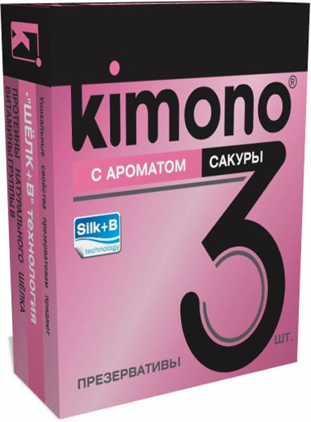 Kimono презервативы с ароматом сакуры, 3 шт0003929 Kimono презервативы с ароматом сакуры, 3 шт0003929KIMONO С ароматом сакуры, лёгкий изысканный возбуждающий аромат внесёт романтику в отношения. Гладкие презервативы в силиконовой смазке с накопителем. Произведены из отборного латекса, при изготовлении использованы самые современные технологии производства и контроля качества на всех этапах. Каждый презерватив проверен электроникой. Только для одноразового использования. Презервативы KIMONO при правильном использовании, обеспечивают надёжную защиту от нежелательной беременности и заболеваний передающихся половым путём в том числе и ВИЧ. Ни одно средство предохранения не гарантирует 100% защиты. Перед использованием необходимо ознакомится с инструкцией внутри упаковки. Фасовка презервативов KIMONO № 3 С ароматом Сакуры: в одном блоке (шоу-боксе) 12 упаковок, в каждой упаковке 3 презервативов.
