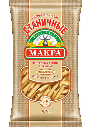 Makfa Станичные перья любительские, 400 г0120710 Makfa Станичные перья любительские, 400 г0120710Уникальная новинка для правильного питания, настоящий продукт для красоты и здоровья. В каждых 100 г продукта - 16,3 г растительного белка! А по содержанию клетчатки они в 1,3 раза опережают классические макароны из твердой пшеницы.Секрет Станичных - 2 сорт дурум. Благодаря макаронной крупке из твердой пшеницы перья, спирали и спагетти приобретают кремовый цвет с желтоватым оттенком.