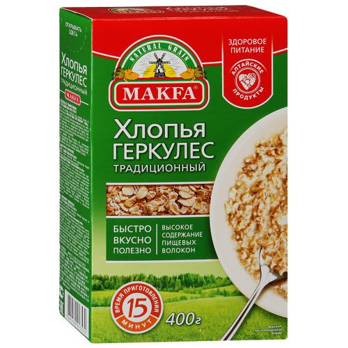 Makfa хлопья геркулес традиционный, 400 г0120710 Makfa хлопья геркулес традиционный, 400 г0120710Силу, здоровье, выносливость, энергию и бодрость дают блюда, приготовленные из Геркулеса MAKFA. Ему присуще высокое содержание клетчатки, витаминов и антиоксидантов, макро- и микроэлементов. Каши и блюда из Геркулеса называют рецептом здоровья и долголетия.Они помогают восстанавливать силы после физической нагрузки и бороться со стрессами. Блюда из геркулесовых хлопьев MAKFA отличаются насыщенным вкусом.