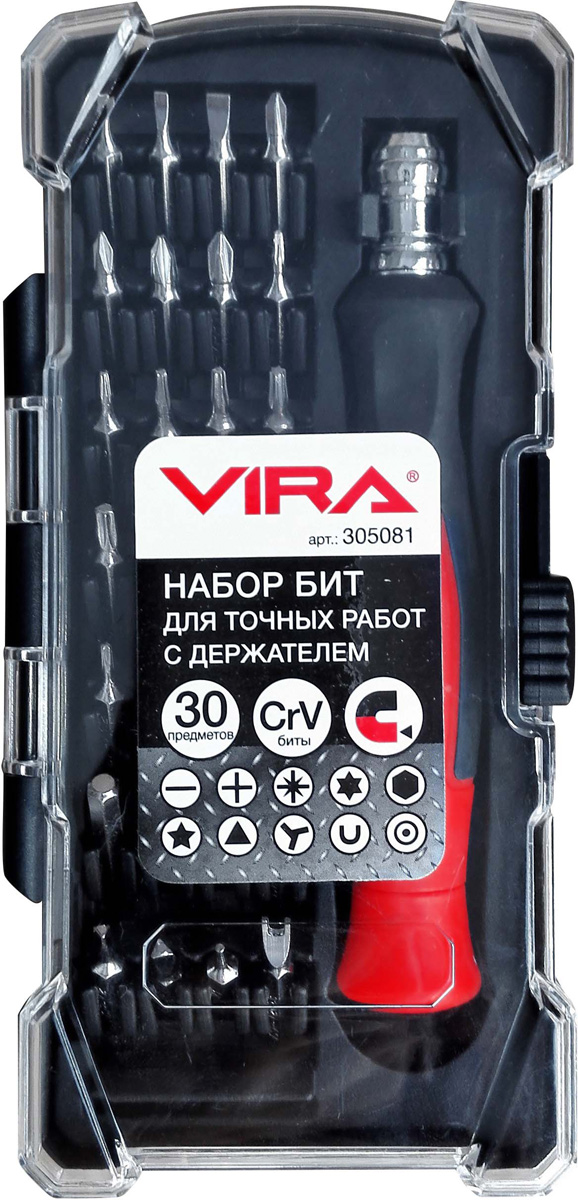 Набор бит Vira, для точных работ. 305081CA-3505 Набор бит Vira, для точных работ. 305081CA-3505Набор бит для точных работ с держателем, 30 предметов.Подобный набор отлично подойдет для выполнения точных работ с мелким крепежом. Он пригодится в ремонте бытовой техники и электроприборов. В комплекте представлены все самые необходимые размеры бит. Держатель набора имеет форму ручки, поэтому его удобно держать и использовать. Все биты выполнены из высококачественной Cr-V стали. Пластиковый кейс набора облегчает его хранение и транспортировку – каждый элемент набора имеет отдельный отсек. Таким образом все инструменты будут всегда под рукой, а биты никогда не потеряются.В составе набора:• 1 держатель для бит;• 28 бит (25 мм): SL1.5, SL2.0, SL3.0, PH000, PH00, PH0, PH1, T4, T5, T6, T7, T8, T10, T15, T20, H2.0, H4.0, PZ1, PZ0, 0.8, 1.2, 1.5, 2.0, 2.0, 2.3, Y 2.0 мм, ?2.6 мм, 1.0;• 1 держатель для хранения инструмента.