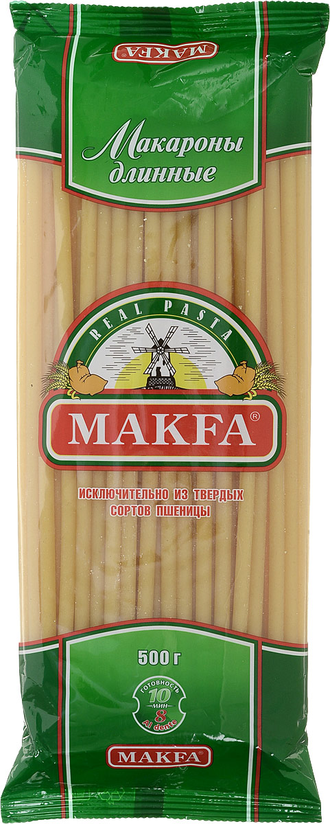 Makfa макароны длинные, 500 г295-5 Makfa макароны длинные, 500 г295-5Те самые макароны, которые многие помнят с детства. Большой диаметр, идеальная длина, насыщенный янтарный цвет твердой пшеницы - этот вид макаронных изделий является отличным компаньоном для приготовления множества блюд: от пасты с соусом до запеканок.Варятся 10 минут.