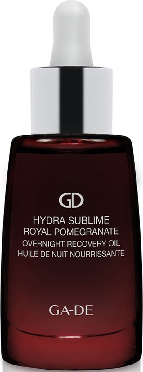 GA-DE Ночное восстанавливающее масло Hydra Sublime Royal Pomegranate, 30 млFS-00897 GA-DE Ночное восстанавливающее масло Hydra Sublime Royal Pomegranate, 30 млFS-00897Шелковистое масло мгновенно впитывается в кожу, придавая ей мягкость, гладкость и бархатистость и обеспечивая необходимой защитой.Прошло дерматологическое тестирование. Это комплекс из 5 натуральных питательных масел для глубокого восстановления, смягчения кожи.• Масло макадамии: натуральное, богатое питательными веществами масло, содержащее высокий процент пальмитолеиновой кислоты, придает коже гладкость и обеспечивает ее важными питательными элементами.• Масло энотеры: масло семян энотеры богато жирными кислотами Омега-6, которые помогают уменьшить трансэпидермальную потерю влаги и обеспечивают продолжительный увлажняющий эффект.• Сквален: питательное растительное масло, полученное из оливок, богато фито-липидами, которые защищают кожу от потери влаги, укрепляют защитный увлажняющий барьер, придавая коже более молодой вид. Натуральные смягчающие липиды укрепляют кожу и защищают ее от воздействия агрессивных факторов окружающей среды.• Масло семян бурачника: богато жирными кислотами, обладает целебными противовоспалительными свойствами, эффективно смягчает кожу.• Масло семян малины: богато витаминами Е и А, а также жирными кислотами Омега-3 и Омега-6, способствующими омоложению кожи.