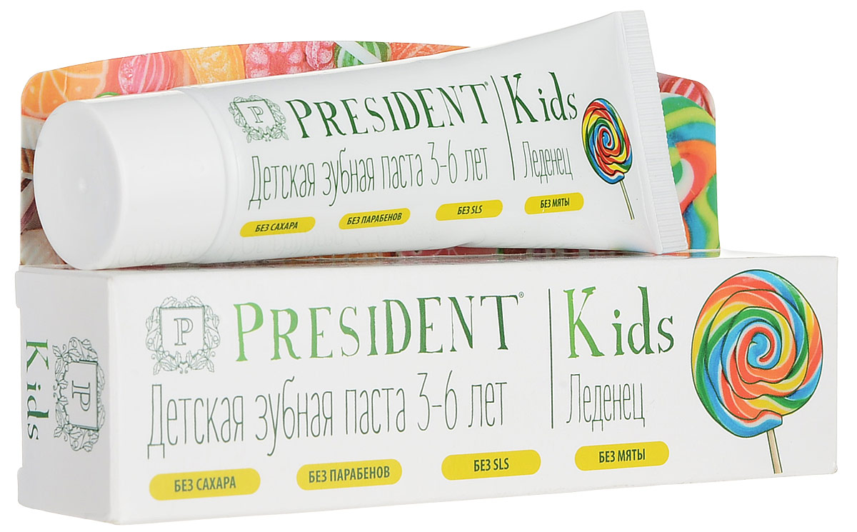President Kids Lollipop от 3 до 6 лет детская зубная паста со вкусом леденца (со фтором), 50 мл5010777139655 President Kids Lollipop от 3 до 6 лет детская зубная паста со вкусом леденца (со фтором), 50 мл5010777139655Детская зубная паста PRESIDENT Kids Lollipop от 3 до 6 лет обеспечивает длительный и эффективный уход за молочными и постоянными зубами. Стимулирует процесс реминерализации, предотвращает разрушение эмали и развитие кариеса.Содержание фторидов (500 ppm) соответствует рекомендациям Всемирной Организации Здравоохранения.Оригинальный вкус и аромат леденца превращает чистку зубов в удовольствие!БЕЗ САХАРА, ПАРАБЕНОВ, SLS, МЯТЫ