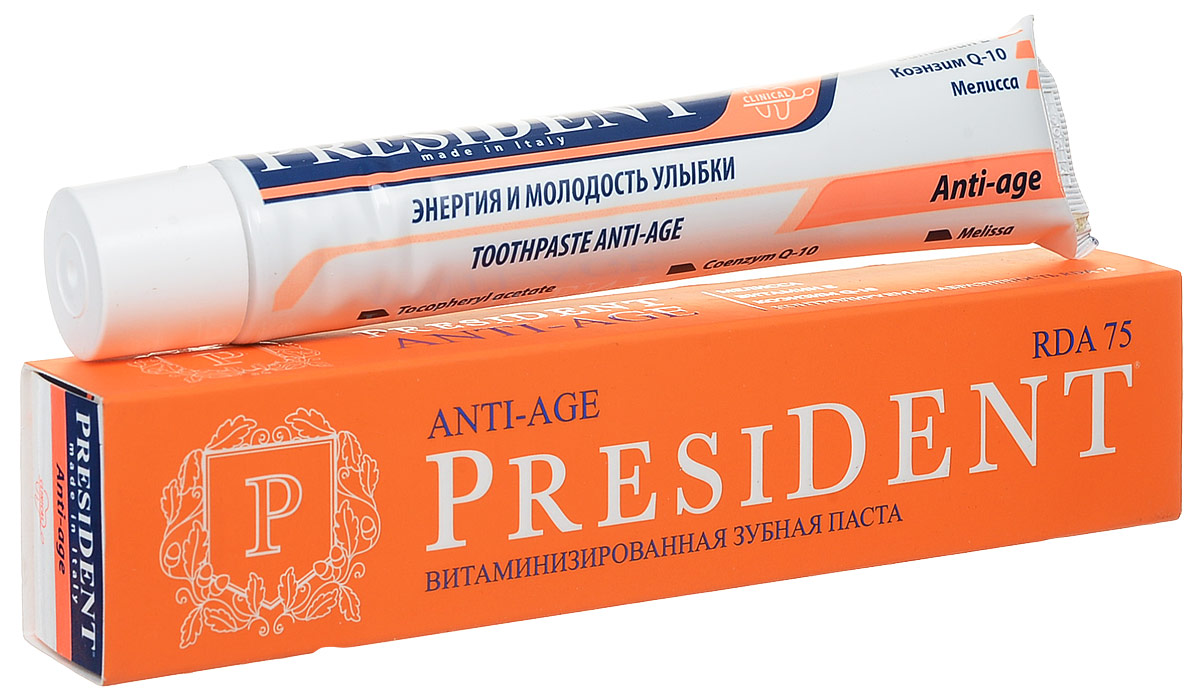 President зубная паста Anti-age, при чувствительности зубов, 75млMP59.4D President зубная паста Anti-age, при чувствительности зубов, 75млMP59.4DПервая в России антивозрастная зубная паста. Борется с 5 основными проблемами, вызывающих старение зубов и десен: потеря белизны зубов; эрозия зубной эмали; гиперчувствительность; дефицит витаминов и минералов; опущение десны. Не имеет аналогов. RDA 75