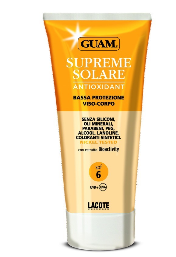 Guam Солнцезащитный крем SPF 6 Solare, 150 мл0759 Guam Солнцезащитный крем SPF 6 Solare, 150 мл0759Крем эффективно защищающих кожу сразу от двух типов ультрафиолетового излучения: UVA и UVB. Масло риса, жожоба и витамин Е оказывают регенерирующее и заживляющее действие, являясь эффективными для любого типа кожи.