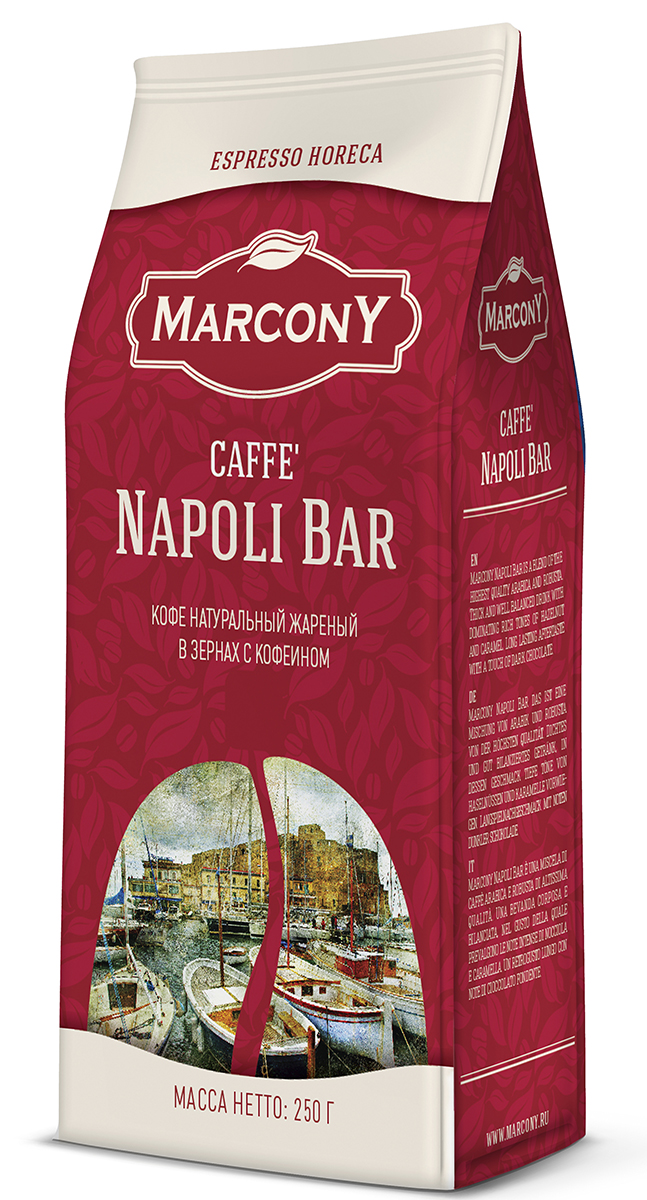 Marcony Napoli Bar Espresso кофе в зернах, 250 г0120710 Marcony Napoli Bar Espresso кофе в зернах, 250 г0120710Особенность кофе “Napoli Bar” в специфическом подходе к обработке кофейных зёрен. Кофейную смесь составляют из сортов высокогорной арабики – 70% и робусты - 30%. Зёрна для неаполитанского кофе обжаривают немного сильнее, чем для других смесей. Затем зёрна обрабатываются эссенцией, придающей им особый ярко выраженный аромат. В результате приготовления эспрессо получается плотный и достаточно насыщенный напиток с нотками лесных орехов и карамели.