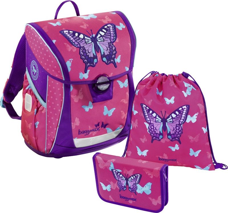 Hama Step By Step Ранец школьный BaggyMax Fabby Sweet Butterfly с наполнением 3 предмета72523WD Hama Step By Step Ранец школьный BaggyMax Fabby Sweet Butterfly с наполнением 3 предмета72523WDНабор из 3 предметов включает в себя: Ранец, пенал, cумка для обуви. Прочное пластиковое днище с ножками для защиты от грязи и влаги.Задняя часть ранца оснащена мягкими накладками и вентиляционными отверстиями для комфортной носки.Два боковых кармана. Основное отделение разделено на несколько секция для комфортного распределения веса.Маленькое отделение на молнии для хранения ключей и мелочи. Передний карман для хранения пенала и ланч-бокса.Расписание уроков в верхней крышке. Светоотражающие элементы по периметру ранца для наибольшей безопасности вблизи дорог. Вес 900 г.