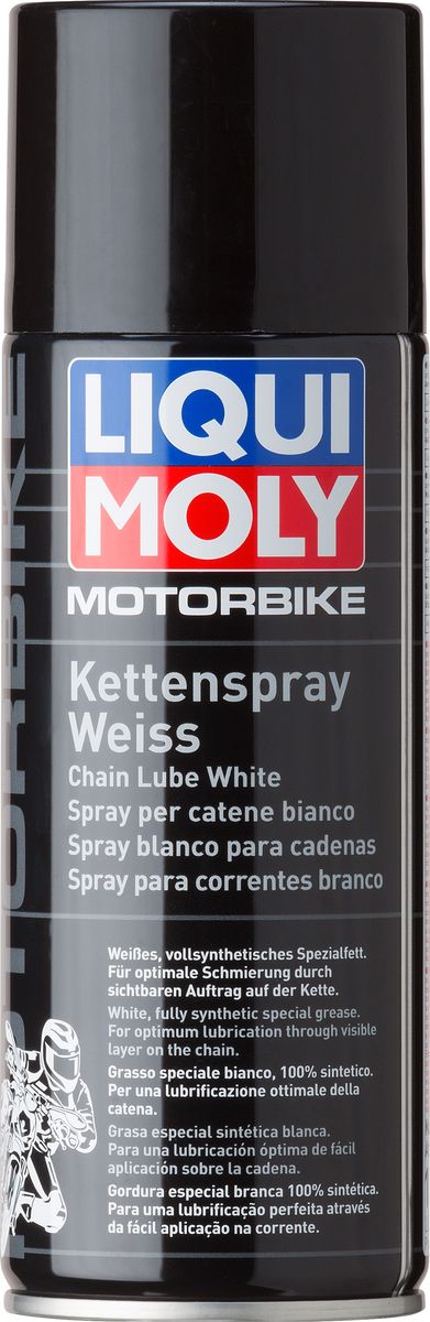 Белая цепная смазка для мотоциклов Liqui Moly Motorbike Kettenspray weiss, 0,4 лDAVC150 Белая цепная смазка для мотоциклов Liqui Moly Motorbike Kettenspray weiss, 0,4 лDAVC150Белая универсальная синтетическая смазка с микрокерамикой для цепей мототехники любых конструкций.