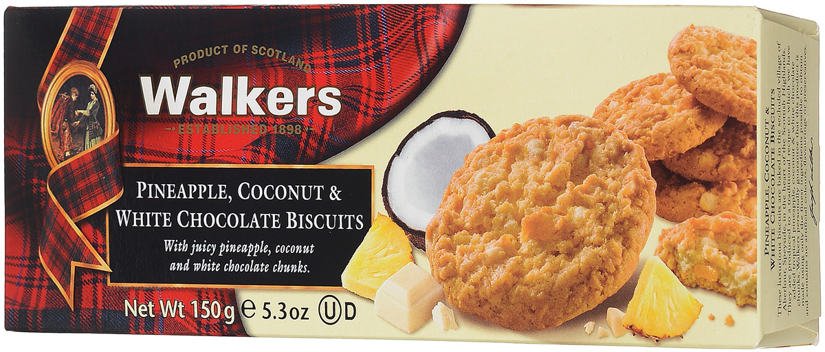Walkers печенье с ананасом кокосом и белым шоколадом, 150 г0120710 Walkers печенье с ананасом кокосом и белым шоколадом, 150 г0120710Walkers усовершенствовал традиционный рецепт печенья, дополнив его такими ингредиентами как кокос, ананас, белый шоколад. Идеальны как самостоятельное угощение, так и в сочетании с сыром.Пищевая ценность на 100 г: белки 4,5 г, жиры 31,4 г, углеводы 57,2 г.