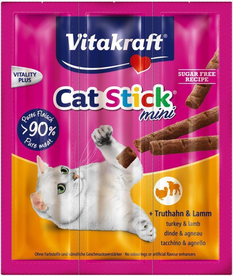 Колбаски для кошек Vitakraft Cat-Stick Mini, индейка, ягненок, 3 х 6 г0120710 Колбаски для кошек Vitakraft Cat-Stick Mini, индейка, ягненок, 3 х 6 г0120710Натуральные мясные колбаски без красителей и консервантов. Служат вкусным, питательным дополнением к основному корму, используются также для поощрения кошек.