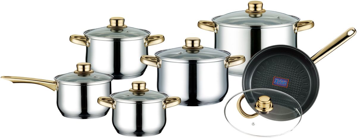 Набор посуды Elff Decor с крышками, 12 предметов. 1407-569115510 Набор посуды Elff Decor с крышками, 12 предметов. 1407-569115510Набор посуды из 12 предметов Высококачественная нержавеющая сталь 18/10 3-х слойное дно с повышенной термоотдачей Клепанные Не нагревающиеся ручки из нержавеющей стали с золотистым напылением Пригодна для мытья в посудомоечной машине Быстрый нагрев пищи, длительное удержание тепла. Подходит для использования на всех типах кухонных плит Набор состоит из: -Ковшик со стеклянной крышкой d.16 см, емкость – 2,2 л -Кастрюля со стеклянной крышкой d.16 см, емкость – 2,2 л -Кастрюля со стеклянной крышкой d.18 см, емкость – 3,0 л -Кастрюля со стеклянной крышкой d.20 см, емкость – 4,0 л -Кастрюля со стеклянной крышкой d.24 см – 6,5 л -Сковорода со стеклянной крышкой d.24 см, емкость – 3,5 л