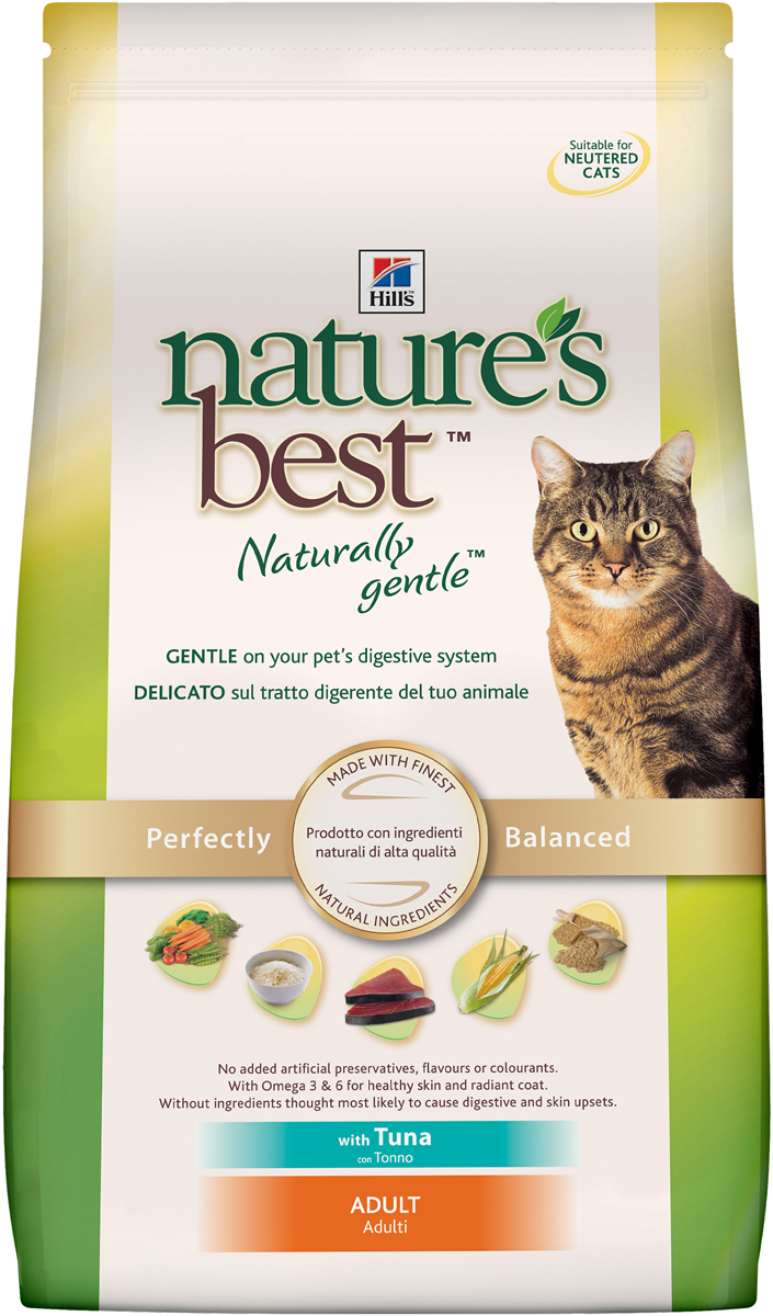 Корм сухой Hills Natures Best для взрослых кошек, с тунцом и овощами, 2 кг0120710 Корм сухой Hills Natures Best для взрослых кошек, с тунцом и овощами, 2 кг0120710Корм сухой Hills Natures Best специально разработан для взрослых кошек от 1 года до 6 лет. Идеально сбалансирован, состоит из высококачественных натуральных ингредиентов с добавлением витаминов и минералов, таурина для поддержания нормальной работы сердца и функционирования сетчатки. Корм содержит целебные ингредиенты, включающие тунец, садовые овощи, рис и злаки. Консервирован естественным способом с использованием витамина Е и розмарина для сохранения свежести и отличного вкуса. Не содержит искусственных красителей или вкусовых добавок. Имеет натуральный вкус, который понравится вашему питомцу. Уникальная смесь антиоксидантных витаминов помогает поддерживать здоровой иммунную систему. Состав: с тунцом (минимум 7% тунца), мука из мяса домашней птицы, мука из маисового глютена, животный жир, молотая кукуруза, молотый рис, коричневый рис, мука из тунца, рыбный гидролизат, молотый ячмень, овсяная крупа, гидролизат белка, сухая свекольная пульпа, калия хлорид, L-лизина гидрохлорид, высушенная морковь, высушенный горох, томатные выжимки, порошок шпината, мякоть цитрусовых, виноградные выжимки, растительное масло, рыбий жир, DL-метионин, соль, кальция карбонат, клетчатка овса, оксид железа, дикальция фосфат, таурин, L-триптофан, витамины и микроэлементы. Среднее содержание нутриентов в рационе: протеины 32,1%, жиры 20,8%, углеводы 33,8%, клетчатка (общая) 1,7%, влага 5,5%, кальций 0,76%, фосфор 0,71%, натрий 0,43%, калий 0,76%, магний 0,07%, омега-3 жирные кислоты 0,57%, омега-6 жирные кислоты 3,53%, таурин 0,17%, витамин А 9950 МЕ/кг, витамин D 525 МЕ/кг, витамин Е 550 мг/кг, витамин С 70 мг/кг, бета-каротин 1,5 мг/кг. Товар сертифицирован.
