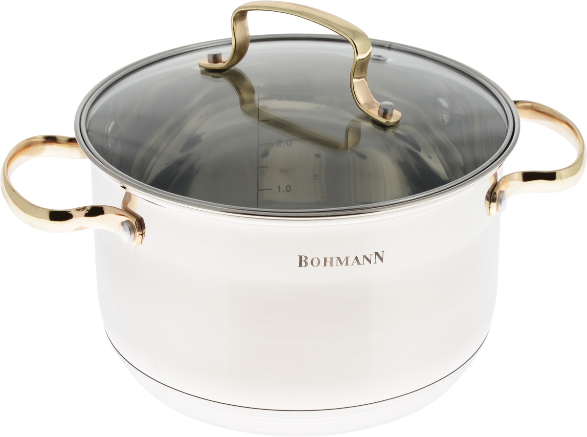 Кастрюля Bohmann с крышкой, 3,9 лFS-91909 Кастрюля Bohmann с крышкой, 3,9 лFS-91909Кастрюля Bohmann изготовлена из высококачественной нержавеющей стали. Нержавеющая сталь отличается высокой экологической чистотой и долговечностью, устойчива к воздействию пищевых кислот, не образует соединений с компонентами пищи. Толстое многослойное дно обеспечивает быстрый нагрев и равномерное распределение тепла по всей поверхности. Жаропрочная стеклянная крышка плотно прилегает к краям посуды, имеет отверстие для выхода пара, сохраняя аромат и вкус блюд. При этом можно наблюдать за готовностью пищи без потери тепла. Крышка и кастрюля оснащены удобными ручками.Кастрюля подходит для всех плит, включая индукционные. Можно мыть в посудомоечной машине.Диаметр кастрюли (по верхнему краю): 20 см.Диаметр дна: 17 см.Высота стенки: 12,5 см.Ширина кастрюли (с учетом ручек): 29 см.