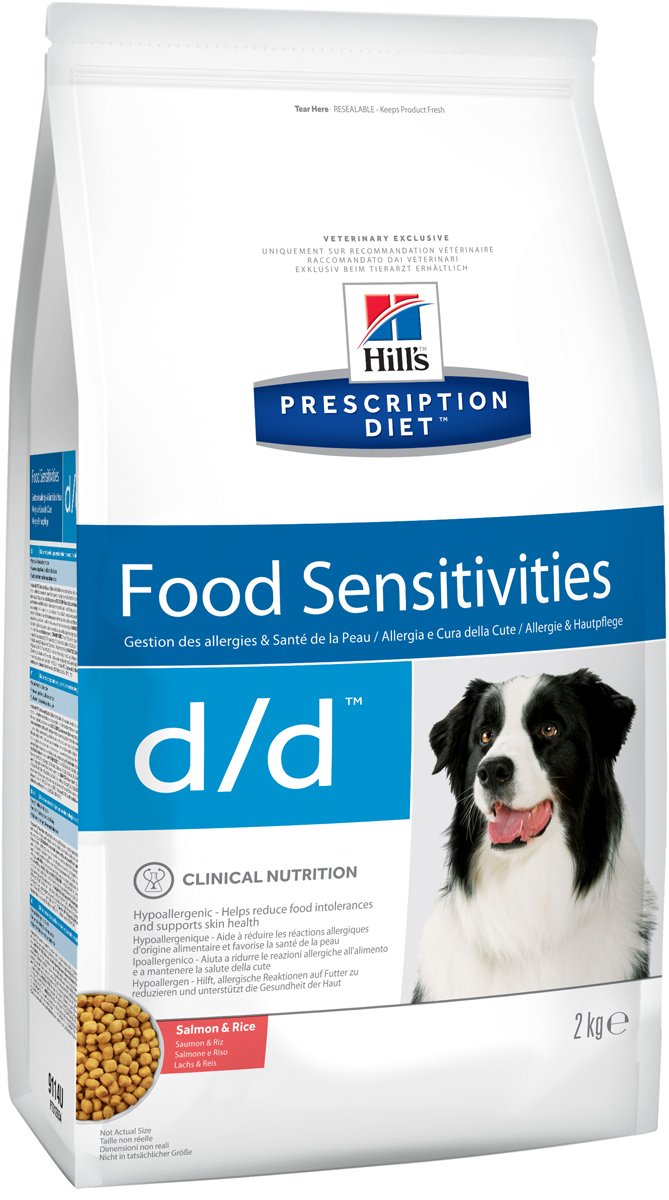 Корм сухой для собак Hills D/D Allergy & Skin Care, диетический, для лечения пищевых аллергий, с лососем и рисом, 2 кг0120710 Корм сухой для собак Hills D/D Allergy & Skin Care, диетический, для лечения пищевых аллергий, с лососем и рисом, 2 кг0120710Сухой корм для собак Hills D/D Allergy & Skin Care (лосось 34%, рис 51%) - полноценный диетический рацион для собак, склонных к пищевым реакциям, или с непереносимостью компонентов пищи. Поддерживает здоровье кожи при дерматитах и чрезмерной потере шерсти. Содержит специально подобранные источники протеинов, углеводов и высокий уровень полиненасыщенных жирных кислот. Не содержит распространенных пищевых аллергенов, содержит высокий уровень незаменимых жирных кислот для улучшения состояния кожи вашей собаки.- Превосходный вкус понравится вашей собаке.- Супер антиоксидантная формула повышает устойчивость клеток организма к воздействию свободных радикалов.Монодиета. Не требует дополнений. Рекомендации по кормлению: рекомендуемое число кормлений 2 раза в сутки и более. Рекомендуемая продолжительность диетотерапии при пищевой аллергии/непереносимости компонентов пищи - 3-8 недель, при исчезновении клинических симптомов диету можно применять без временных ограничений. Рекомендуемая продолжительность диетотерапии при дерматитах и чрезмерной потери шерсти - до 2х месяцев. Обеспечьте питомца постоянным свободным доступом к свежей воде. Состав: злаки, рыба и рыбные производные, масла и жиры, минералы, мясо и производные животного происхождения, производные растительного происхождения. Источник белка: мука из лосося. Источник углеводов: размолотый рис. Анализ: белок 15,5%, жир 13,6%, незаменимые жирные кислоты 3,74%, Омега-3 жирные кислоты 0,80%, Омега-6 жирные кислоты 2,93%, клетчатка 1,2%, зола 4,7%, кальций 0,74%, фосфор 0,48%, натрий 0,36%, калий 0,63%, магний 0,07%. На кг: витамин Е 600 мг, витамин С 100 мг, бета-каротин 1,5 мг. Добавки на кг: витамин А 27130 МЕ, витамин D3 1600 МЕ, железо 262 мг, йод 3,9 мг, медь 33,2 мг, марганец 11,5 мг, цинк 222 мг, селен 0,5 мг. С натуральными антиоксидантами. Товар сертифицирован.Уважаемые клиенты! Обращаем ваше внимание на возможные изменения в дизайне упаковки. Качественные характеристики товара остаются неизменными. Поставка осуществляется в зависимости от наличия на складе.