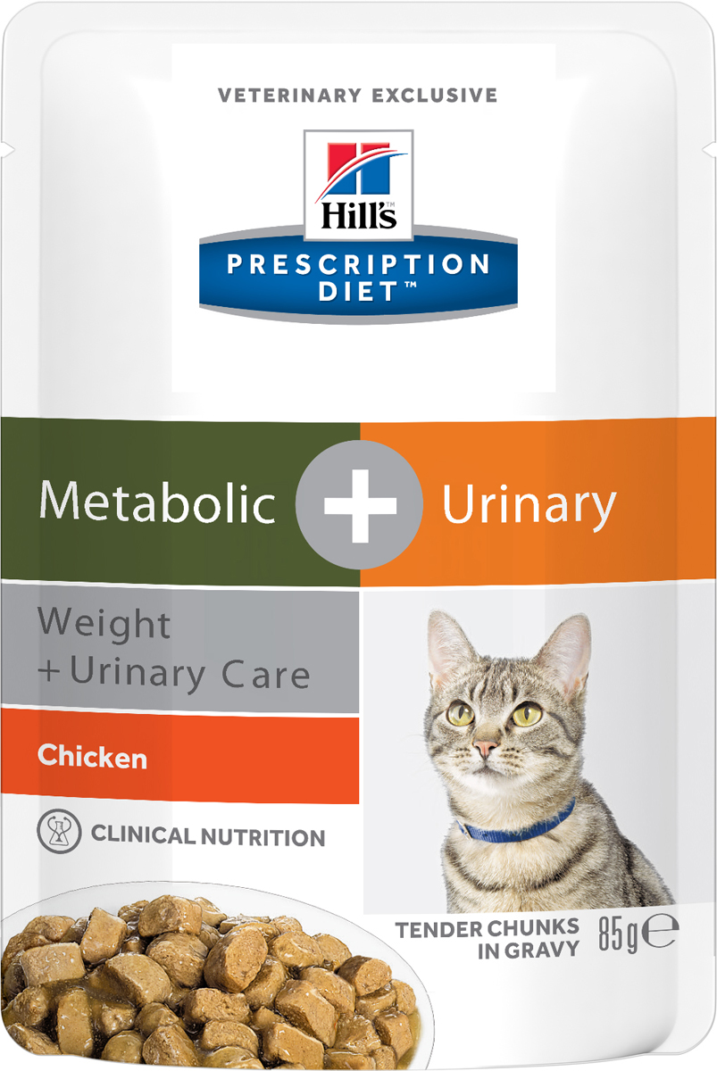 Консервы для кошек Hills Metabolic + Urinary, для коррекции веса при урологических заболеваниях, с курицей, 85 г0120710 Консервы для кошек Hills Metabolic + Urinary, для коррекции веса при урологических заболеваниях, с курицей, 85 г0120710Консервы Hills Metabolic + Urinary - полноценный диетический рацион с клинически доказанной способностью уменьшать вероятность повторного проявления основных признаков заболеваний нижнего отдела мочевыводящих путей, и снижать вес на 11% за 60 дней. Ключевые преимущества- Комплекс нутриентов c клинически доказанной эффективностью в рационе Metabolic + Urinary учитывает индивидуальные энергетические потребности кошки, оптимизируя процесс сжигания жиров и влияя на эффективное использование калорий -Позволяет избежать повторного набора веса после прохождения программы по снижению веса- Клинически доказано: эффективно растворяет струвиты - Помогает вашей кошке оставаться сытой и удовлетворенной между кормлениями- Превосходный вкус, который понравится любой кошке.Рационы Hills Prescription Diet клинически протестированы, разработаны для поддержания и коррекции состояния у животных, имеющих проблемы со здоровьем при сохранении превосходных вкусовых характеристик. Состав: Мясо и производные животного происхождения, производные растительного происхождения, злаки, овощи, различные сахара, масла и жиры, экстракт растительного протеина, минералы, DL-метионин. Анализ: протеин 7,5 %, жиры 2,6 %, клетчатка (общая) 2,1 %, зола 1,1%, влага 81,0 %, кальций 0,15 %, фосфор 0,14 %, натрий 0,07 %, калий 0,13 %, магний 0,001 %, хлорид 0,16 %, сера 0,14 %.Добавки: витамин Е10 130 мг/кг, бета-каротин 0,3 мг/кг, таурин 535 мг, витамин D3 200 ме, железо 32,4 мг, йод 0,6 мг, медь 6,9 мг, марганец 3 мг, цинк 34,2 мг. Окрашено натуральной карамелью. Метаболизируемая энергия (расчет): 2,9 МДж/кг.Уважаемые клиенты! Обращаем ваше внимание на возможные изменения в дизайне упаковки. Качественные характеристики товара остаются неизменными. Поставка осуществляется в зависимости от наличия на складе.