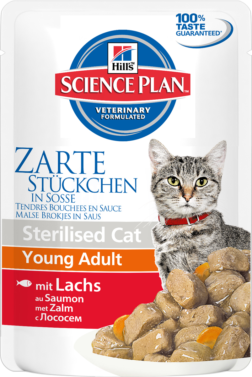 Консервы Hills Sterilised Cat Young Adult для стерилизованных кошек до 6 лет, с лососем, 85 г0120710 Консервы Hills Sterilised Cat Young Adult для стерилизованных кошек до 6 лет, с лососем, 85 г0120710Стерилизованные кошки в три раза более склонны к набору лишнего веса и образованию камней в мочевом пузыре.Консервы Hills Sterilised Cat Young Adult способствует гармоничному развитию и удовлетворяет специфические потребности стерилизованных кошек. Содержит комплекс антиоксидантов с клинически подтвержденным эффектом и уникальную формулу контроля веса.Ключевые преимущества:Уникальная формула контроля веса способствует сжиганию жира и укреплению мышц Контролируемые уровни минералов для поддержания здоровья мочевыводящих путей Легко усваиваемые ингредиенты для оптимального всасывания Ингредиенты высокого качества. 100% гарантии качества, консистенции и вкуса.Состав: мясо и пептиды животного происхождения, зерновые злаки, рыба и рыбные производные, экстракты растительного белка, производные растительного происхождения, различные виды сахаров, минералы, овощи, яйцо и его производные, масла и жиры. Анализ: белок 7,9%, жир 2,4%, клетчатка 1,2%, зола 1,3%, влага 80%, кальций 0,19%, фосфор 0,16%, натрий 0,07%, магний 0,018%; на кг: витамин Е 130 мг, витамин С 20 мг, бета-каротин 0,3 мг.Добавки на кг: Е671 (Витамин D3) 170 МЕ, Е1 (железо) 57,8 мг, Е2 (йод) 1,1 мг, Е4 (медь) 12,3 мг, Е5 (марганец) 5,4 мг, Е6 (цинк) 61,1 мг, натуральная карамель (природный краситель). Товар сертифицирован.