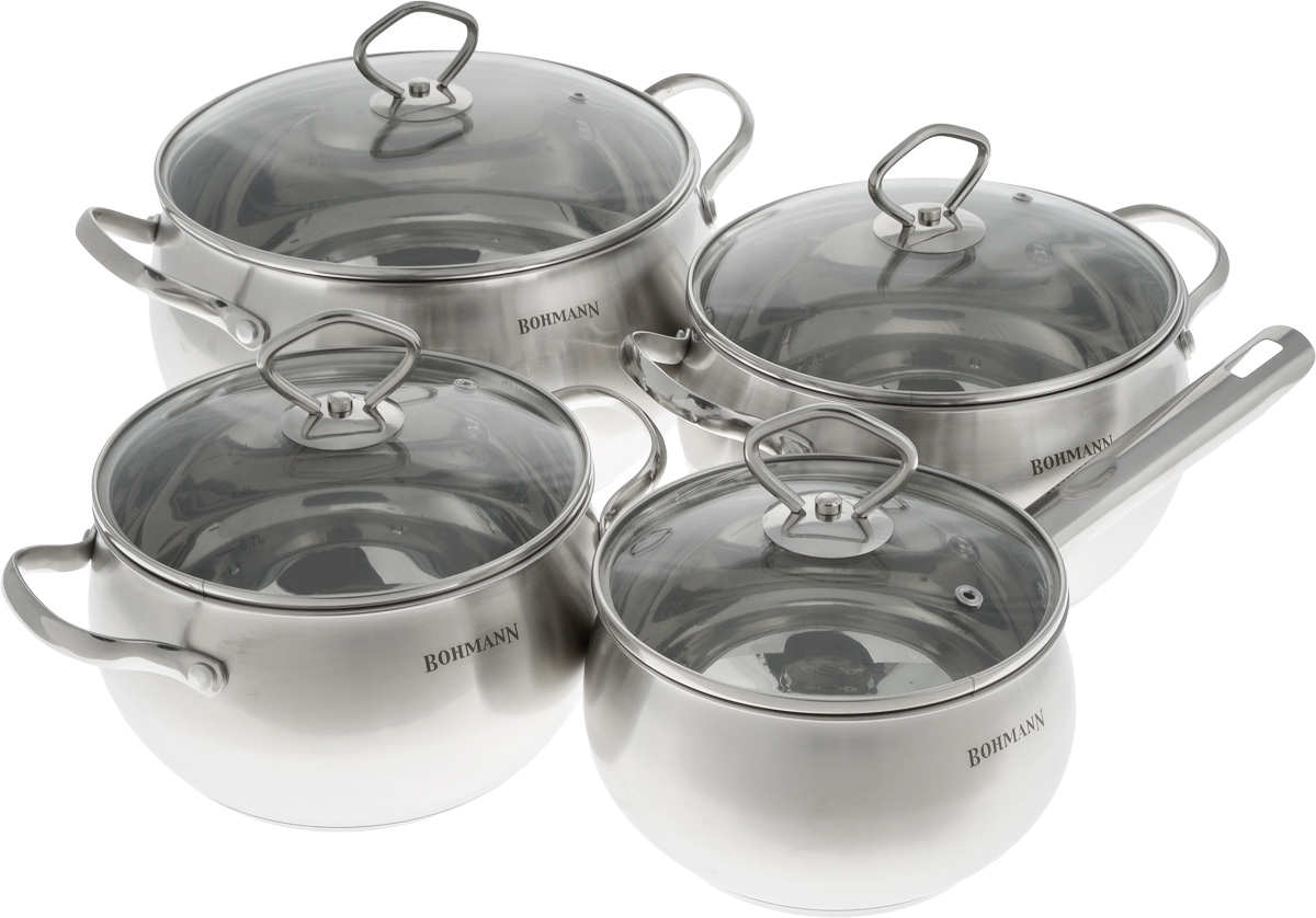 Набор посуды Bohmann, с крышками, 8 предметов. 0806BH54 009312 Набор посуды Bohmann, с крышками, 8 предметов. 0806BH54 009312Набор посуды Bohmann состоит из трех кастрюль и ковша. Предметы набора выполнены из нержавеющей стали и оснащены стеклянными крышками. Крышки имеют металлический обод и отверстие для выпуска пара. Равномерное распределение температуры по всей поверхности обеспечивает быстрое приготовление пищи. Изделия оснащены эргономичными ручками для более удобной переноски. На внутренней стенке имеется шкала литража. Посуда подходит для использования на всех типах плит. Можно мыть в посудомоечной машине. Объем ковша: 2,2 л. Диаметр ковша (по верхнему краю): 16 см. Высота стенки: 10 см.Объем кастрюль: 3 л; 4 л; 7 л. Диаметр кастрюль (по верхнему краю): 18 см; 20 см; 24 см.Высота стенок кастрюль: 11 см; 12 см; 14 см.