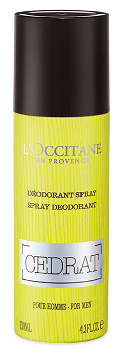 LOccitane Деодорант-спрей Цедрат, 130 мл5010777139655 LOccitane Деодорант-спрей Цедрат, 130 мл5010777139655Спрей-деодорант с освежающим эффектом и ароматом Акватического Цедрата для защиты на протяжении всего дня. LOccitane открывает для нас бодрящие свойства экстракта цитрона, стимулирующего обновление клеток кожи и восстанавливающего эпидермис. Экстракт цитрона лег в основу новой линии ухода за кожей для мужчин Цедрат. Продукты со свежей и легкой текстурой обладают множеством ценных свойств: они увлажняют, матируют и заряжают кожу энергией.