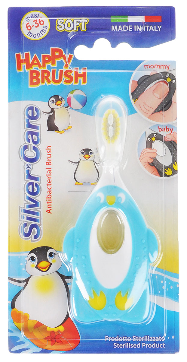 Silver Care Зубная щетка Happy Brush Soft, мягкая, от 6 месяцев до 3 лет, цвет: голубойMP59.4D Silver Care Зубная щетка Happy Brush Soft, мягкая, от 6 месяцев до 3 лет, цвет: голубойMP59.4DЗубная щетка Silver Care Happy Brush Soft с антибактериальным покрытием для чистки первых зубиков малыша, имеет очень мягкую щетину, а по форме больше напоминает игрушку. Щетина изготовлена из гипоалергенного волокна Tunex всемирно известного производителя DuPont и покрыта серебром.В исследованиях Миланского университета в Италии было доказано, что при контакте зубной щётки с водой ионы активного серебра уничтожают бактерии и уменьшают их количество за 6 часов в 3-4 раза, в то время как на других зубных щётках они размножаются в геометрической прогрессии.Мягкие щетинки с закругленными кончиками обработаны серебром 999 пробы для антибактериального эффекта. Ручка щетки выполнена в форме прорезывателя, который оказывает дополнительный массаж дёсен, тем самым снижая болезненные ощущения при прорезывании. Совмещение зубной щетки и ручки-кусалки помогает ребенку привыкнуть к процедуре чистки зубов.