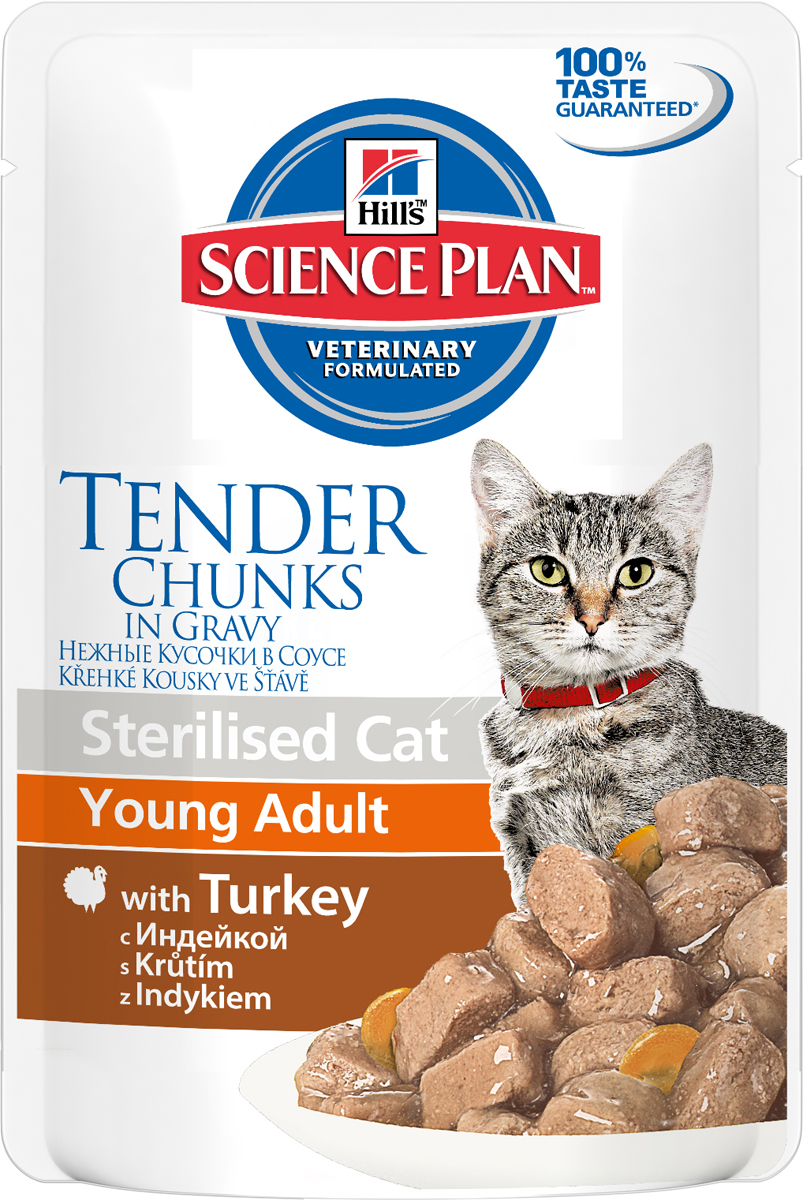 Консервы Hills Sterilised Cat Young Adult для стерилизованных кошек до 6 лет, с индейкой, 85 г0120710 Консервы Hills Sterilised Cat Young Adult для стерилизованных кошек до 6 лет, с индейкой, 85 г0120710Стерилизованные кошки в три раза более склонны к набору лишнего веса и образованию камней в мочевом пузыре.Консервы Hills Sterilised Cat Young Adult способствует гармоничному развитию и удовлетворяет специфические потребности стерилизованных кошек. Содержит комплекс антиоксидантов с клинически подтвержденным эффектом и уникальную формулу контроля веса.Ключевые преимуществаУникальная формула контроля веса способствует сжиганию жира и укреплению мышц Контролируемые уровни минералов для поддержания здоровья мочевыводящих путей Легко усваиваемые ингредиенты для оптимального всасывания Ингредиенты высокого качества. 100% гарантии качества, консистенции и вкусаСодержит Hills WMF (Формулу Контроля Веса)Энергетическая ценность, содержание жира снижены, что помогает предотвратить набор весаДобавлен L-карнитин, который облегчает превращение жиров в энергию, ограничивая их отложениеДобавлен L-лизин, что помогает предотвратить потерю мышечной массыКонтролируемое содержание фосфора и магния, что способствует здоровью почек и мочевыводящих путейpH мочи кислый 6.2-6.4. Поддерживает здоровье мочевыводящих путей во взрослом возрастеДобавлена суперантиоксидантная формула, которая нейтрализует свободные радикалы и поддерживает здоровье иммунной системы.Состав: мясо и производные животного происхождения, зерновые злаки, экстракты растительного белка, производные растительного происхождения, различные виды сахара, минералы, овощи, яйцо и его производные, масла и жиры. Анализ: белок 6,8%, жир 2,8%, клетчатка 1,2%, зола 1,4%, влага 80%, кальций 0,21%, фосфор 0,17%, натрий 0,06%, магний 0,02%; на кг: витамин Е 130 мг, витамин С 20 мг, бета-каротин 0,3 мг.Добавки на кг: Е671 (Витамин D3) 210 МЕ, Е1 (железо) 47,9 мг, Е2 (йод) 0,9 мг, Е4 (медь) 10,2 мг, Е5 (марганец) 4,5 мг, Е6 (цинк) 50,6 мг, натуральная карамель (природный краситель). Товар сертифицирован.