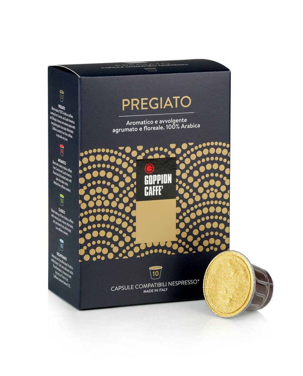Goppion Caffe Pregiato, кофе в капсулах, 10 шт0120710 Goppion Caffe Pregiato, кофе в капсулах, 10 шт0120710Смесь 100% Арабика из Центральной и Южной Америки и Эфиопии. Интенсивный и бархатистый вкус с длительным шоколадным послевкусием. Низкое содержание кофеина.