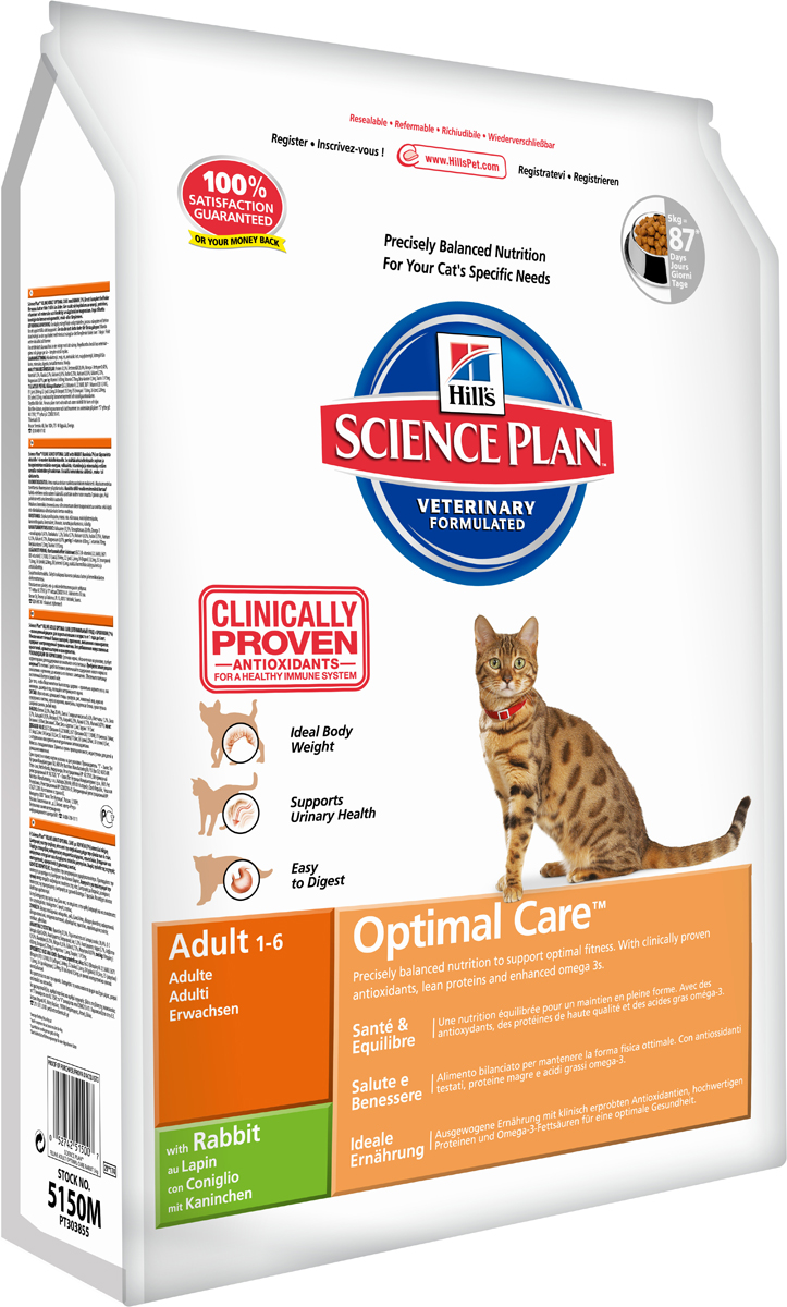 Корм сухой Hills Optimal Care для взрослых кошек, с кроликом, 5 кг0120710 Корм сухой Hills Optimal Care для взрослых кошек, с кроликом, 5 кг0120710Сухой корм Hills Science Plan Optimal Care предназначен для взрослых кошек от 1 года до 6 лет. Это полноценное, точно сбалансированное питание, приготовленное из ингредиентов высокого качества, без добавления красителей и консервантов. Рацион Science Plan содержит эксклюзивный комплекс антиоксидантов с клинически подтвержденным эффектом, протеины и обогащен Омега-3 жирными кислотами для поддержки иммунной системы вашего питомца.Корм Science Plan Feline Adult разработан для удовлетворения всех потребностей организма взрослой кошки от момента достижения зрелости (12 месяцев) до 6 лет. Корм предотвращает появление симптомов заболеваний мочевыводящих путей у кошек. Содержит улучшенную Антиоксидантную Формулу для снижения окислительных повреждений клеток. Ключевые преимущества: Поддерживает мускулатуру и оптимальный вес. Контролируемый уровень минералов для здоровья нижних мочевыводящих путей. Высоко перевариваемые ингредиенты для легкости пищеварения. 100% гарантия качества, консистенции и вкуса. Состав: минимум 7% мяса кролика, мука из мяса домашней птицы, молотая кукуруза, молотый рис, животный жир, мука из маисового глютена, мука из мяса кролика, гидролизат белка, сухая свекольная пульпа, калия хлорид, рыбий жир, кальция сульфат, соль, таурин, L-лизина гидрохлорид, L-триптофан, витамины и микроэлементы. Содержит натуральные консерванты - смесь токоферолов, лимонную кислоту и экстракт розмарина.Среднее содержание нутриентов: бета-каротин 1,5 мг/кг, витамин А 6140 МЕ/кг, витамин С 70 мг/кг, витамин D 590 МЕ/кг, витамин Е 650 мг/кг, влага 5,5%, жиры 20,4%, калий 0,72%, кальций 0,92%, клетчатка 1,2%, магний 0,07%, натрий 0,35%, омега-3 жирные кислоты 0,4%, омега-6 жирные кислоты 3,17%, протеин 32,3%, таурин 1915 мг/кг, углеводы 34,8%, фосфор 0,75%.Энергетическая ценность: 409 Ккал/100 г. Товар сертифицирован.
