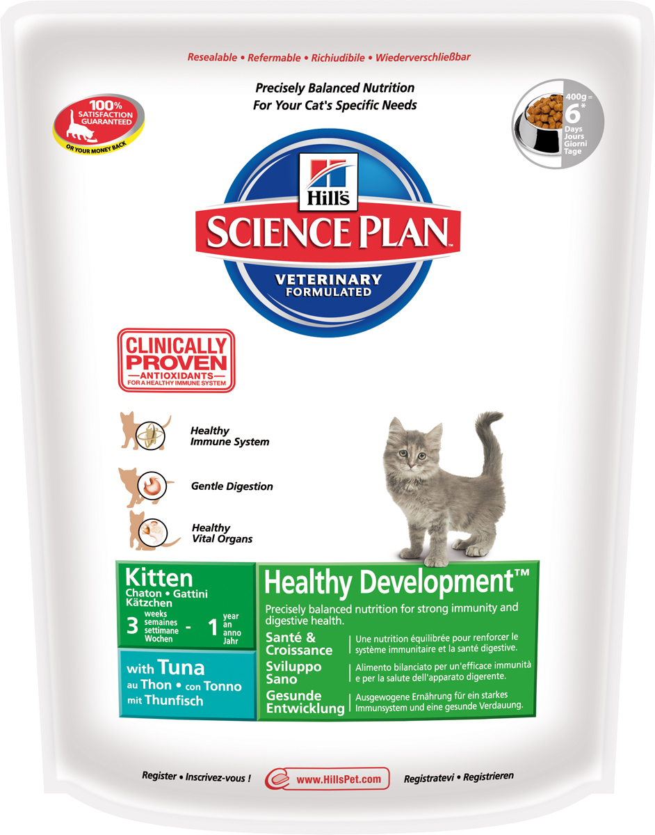 Корм сухой для котят Hills Healthy Development, с тунцом, 400 г0120710 Корм сухой для котят Hills Healthy Development, с тунцом, 400 г0120710Сухой корм Hills Science Plan Healthy Development предназначен для котят после отъема от матери в возрасте до 1 года, а также для беременных и кормящих кошек. Это полноценное, точно сбалансированное питание, приготовленное из ингредиентов высокого качества, без добавления красителей и консервантов. Рацион содержит эксклюзивный комплекс антиоксидантов с клинически подтвержденным эффектом для поддержки иммунной системы вашего питомца. Показания: 1. Растущие котята. Science Plan Kitten сформулирован для обеспечения всех питательных потребностей растущих котят с момента отъема до полового созревания (12 месяцев).2. Беременные и кормящие кошки. Science Plan Kitten также отвечает всем питательным потребностям беременных и кормящих кошек. Корм Science Plan Kitten поддерживает здоровье мочевого тракта благодаря контролированию уровня минералов и рН мочи.Корм Science Plan Kitten содержит улучшенную Антиоксидантную Формулу для снижения окислительных повреждений клеток. Корм Science Plan Kitten не рекомендуется для длительного кормления взрослых кошек, при условии, что животное не имеет повышенных энергетических потребностей. Состав: с тунцом (минимум 6% тунца), мука из мяса домашней птицы, молотая кукуруза, животный жир, мука из тунца, мука из маисового глютена, гидролизат белка, семя льна, сухая свекольная пульпа, калия хлорид, рыбий жир, L-лизина гидрохлорид, соль, L-триптофан, таурин, оксид магния, витамины и микроэлементыСодержит натуральные консерванты - смесь токоферолов, лимонную кислоту и экстракт розмарина. Среднее содержание нутриентов в рационе: протеины 38,4%, жиры 25,5%, углеводы 22,6%, клетчатка (общая) 1,2%, влага 5,5%, кальций 1,28%, фосфор 1,04%, натрий 0,47%, калий 0,8%, магний 0,1%, омега-3 жирные кислоты 0,78%, омега-6 жирные кислоты 3,74%, таурин 0,2%, витамин А 12770 МЕ/кг, витамин D 690 МЕ/кг, витамин Е 650 мг/кг, витамин С 70 мг/кг, бета-каротин 1,5 мг/кг. Товар сертифицирован.
