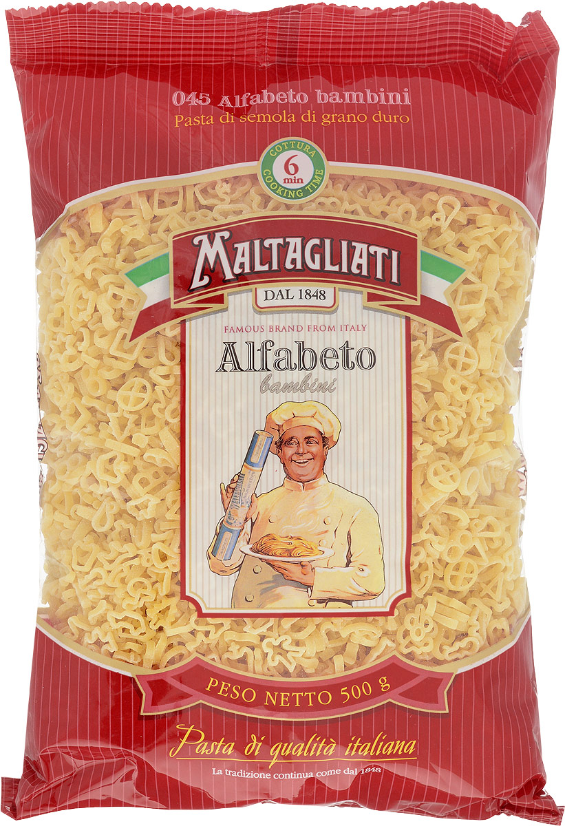 Maltagliati Alfabeto Алфавит макароны, 500 г0120710 Maltagliati Alfabeto Алфавит макароны, 500 г0120710Макаронные изделия Maltagliati производятся в Италии в Тоскане с 1848 года. Несмотря на то, что Maltagliati - это имя собственное, с начала прошлого века Maltagliati используется в Италии как нарицательное имя для домашней лапши и формата макаронных изделий похожих на домашнюю лапшу. Это самые известные итальянские макаронные изделия на территории Российской Федерации и, вероятно, всего бывшего СССР.