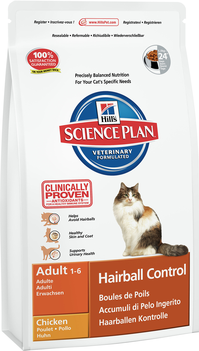 Корм сухой для кошек Hills Hairball Control, для вывода шерсти из желудка, с курицей, 1,5 кг0120710 Корм сухой для кошек Hills Hairball Control, для вывода шерсти из желудка, с курицей, 1,5 кг0120710Сухой корм Hills разработан специально для снижения риска формирования комков шерсти и обеспечения всеми питательными веществами взрослых кошек с момента полового созревания (12 месяцев) и до 6 лет. Высокий уровень растительных волокон способствует выведению поглощенной шерсти из пищеварительной системы, тем самым, сокращая вероятность образования комков шерсти и последующей регургитации или рвоты. Состав: курица (минимум 46% курицы, 62% общего содержания мяса домашней птицы): мука из мяса домашней птицы, молотая кукуруза, животный жир, мука из маисового глютена, целлюлоза, молотый рис, калия хлорид, гидролизат белка, растительное масло, кальция сульфат, соль, DL-метионин, таурин, витамины и микроэлементы. Содержит натуральные консерванты - смесь токоферолов, лимонную кислоту и экстракт розмарина. Средний анализ: белок 31,1%, жир 20,1%, углеводы 27,6%, клетчатка 7,5%, влага 8,5%, кальций 0,82%, фосфор 0,65%, натрий 0.31 %, витамин А 10200 МЕ/кг, витамин D3 520МЕ/кг, витамин Е 550 мг/кг, витамин С 70мг/кг, омега-3 ЖК 0,27%, омега-6 ЖК 3,61%. Товар сертифицирован.