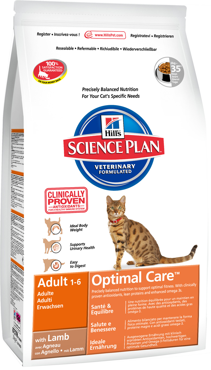 Корм сухой Hills Optimal Care для взрослых кошек, с ягненком, 2 кг0120710 Корм сухой Hills Optimal Care для взрослых кошек, с ягненком, 2 кг0120710Сухой корм Hills Science Plan Optimal Care предназначен для взрослых кошек от 1 года до 6 лет. Это полноценное, точно сбалансированное питание, приготовленное из ингредиентов высокого качества, без добавления красителей и консервантов. Рацион Science Plan содержит эксклюзивный комплекс антиоксидантов с клинически подтвержденным эффектом, протеины и обогащен Омега-3 жирными кислотами для поддержки иммунной системы вашего питомца.Корм Science Plan Feline Adult разработан для удовлетворения всех потребностей организма взрослой кошки от момента достижения зрелости (12 месяцев) до 7 лет. Корм предотвращает появление симптомов заболеваний мочевыводящих путей у кошек. Содержит улучшенную Антиоксидантную Формулу для снижения окислительных повреждений клеток. Ключевые преимущества: Поддерживает мускулатуру и оптимальный вес. Контролируемый уровень минералов для здоровья нижних мочевыводящих путей. Высоко перевариваемые ингредиенты для легкости пищеварения. 100% гарантия качества, консистенции и вкуса. Состав: минимум 10% мяса ягненка, молотый рис, мука из маисового глютена, мука из мяса домашней птицы, молотая кукуруза, животный жир, мука из мяса ягненка, гидролизат белка, сухая свекольная пульпа, калия хлорид, рыбий жир, соль, L-лизина гидрохлорид, таурин, L-триптофан, витамины и микроэлементы. Содержит натуральные консерванты - смесь токоферолов, лимонную кислоту и экстракт розмарина. Среднее содержание нутриентов: бета-каротин 1,5 мг/кг, витамин А 6090 МЕ/кг, витамин С 70 мг/кг, витамин D 590 МЕ/кг, витамин Е 650 мг/кг, влага 5,5%, жиры 20%, калий 0,7%, кальций 0,81%, клетчатка 1,1%, магний 0,06%, натрий 0,33%, омега-3 жирные кислоты 0,43%, омега-6 жирные кислоты 3,39%, протеин 32,1%, таурин 1930 мг/кг, углеводы 35,7%, фосфор 0,73%.Энергетическая ценность: 410 Ккал/100 г. Товар сертифицирован.