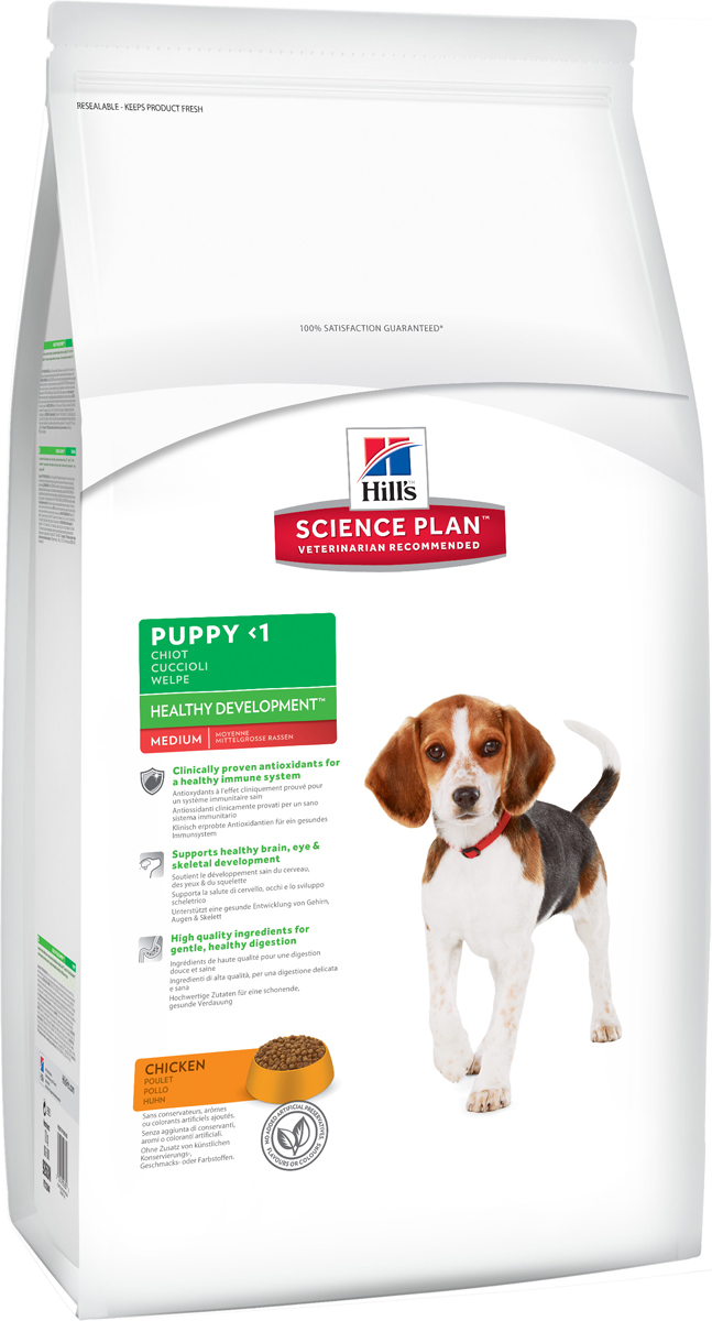 Корм сухой Hills Science Plan Puppy Medium Healthy Development. Гармоничное развитие, для щенков средних пород, с курицей, 12 кг0120710 Корм сухой Hills Science Plan Puppy Medium Healthy Development. Гармоничное развитие, для щенков средних пород, с курицей, 12 кг0120710Hill’s Science Plan - это полноценное, точно сбалансированное питание, приготовленное из ингредиентов высокого качества, без добавления красителей и консервантов. Каждый рацион Science Plan содержит эксклюзивный комплекс антиоксидантов с клинически подтвержденным эффектом для поддержки иммунной системы Вашего питомца.Если вы решили перевести вашу собаку на рацион Hills Science Plan, это необходимо сделать постепенно в течение 7 дней. Смешивайте прежний корм с новым, постоянно увеличивая долю последнего до полного перехода на Hills Science Plan. Тогда ваш питомец сможет в полной мере насладиться вкусом и преимуществами превосходного питания, которое обеспечивает рацион Hills Science Plan.Рекомендуется- щенкам мелких и средних пород после отъема от матери до 1 года.- щенным и кормящим сукам.Не рекомендуется- Кошкам- Не кормящим взрослым собакам, склонным к избыточному весу.- Щенкам крупных пород (вес взрослои? собаки более 25 кг) после отъема от матери. Щенков крупных пород следует кормить рационом Hills Science Plan Puppy Healthy Development (Гармоничное развитие) Large Breed (для щенков крупных пород).Дополнительная информация- Во второи? половине периода лактации щенков можно начать кормить тем же рационом Hills Science Plan Puppy Healthy Development (Гармоничное развитие), которым кормят их мать – это облегчит процесс отъема от матери.- Рационы Hills Science Plan Puppy Healthy Development (Гармоничное развитие) содержат высокии? уровень DHA (докозагексаеновои? кислоты), которая содержится в материнском молоке и является жизненно важным структурным компонентом головного мозга.- Все рационы Hills Science Plan Puppy Healthy Development (Гармоничное развитие), кроме Large Breed (для щенков крупных пород), можно использовать для кормления щенных и кормящих сук, а щенкам они обеспечат поступление дополнительного объема DHA до момента отъема от матери. Если после отъема щенка продолжать кормить подходящим рационом Hills Science Plan Puppy Healthy Development (Гармоничное развитие), то в течение всего критического периода формирования и развития головного мозга и сетчатки глаз ему также будут обеспечены необходимые количества DHA.Ключевые преимущества- Повышенное содержание Омега-3 жирной кислота DHA (докозагексаеновая кислота), полученной из природных источников (рыбий жир), способствует оптимальному развитию сетчатки для лучшего зрения, обеспечивает оптимальное развитие головного мозга, облегчая дрессировку щенков- Повышенная энергетическая ценность и высокая усвояемость удовлетворяют потребность животного в энергии без необходимости скармливать большие порции- Повышенное содержание протеинов высокого качества способствуют правильному росту и формированию мускулатуры- Контролируемое содержание минералов, в том числе кальция, обеспечивают оптимальныи? баланс нутриентов для роста и развития., способствует формированию крепких зубов и костеи?- Добавлена натуральная клетчатка, улучшающая перистальтику кишечника (стул)- Высокое содержание незаменимых жирных кислот поддерживает здоровье кожи и шерсти- Подходящий (маленький) размер гранул в соответствии с породой или размером- Комплекс антиоксидантов нейтрализует свободные радикалы и поддерживает иммунитет- Превосходные вкусовые характеристики не оставят Вашего питомца равнодушным- Форма выпуска Hills Science Plan Puppy Healthy Development (Гармоничное развитие) в виде сухого и консервированного корма, что позволяет разнообразить рацион Вашего любимца.Ингредиенты сухого рационакурица (минимум 34% курицы, 50% курицы и индейки)): молотая кукуруза, мука из курицы и индейки, животный жир, мука из маисового глютена, гидролизат белка, сухая свекольная пульпа, рыбий жир, соль, калия хлорид, дикальция фосфат, динатрия фосфат, соль,таурин, L-триптофан, витамины и микроэлементы. Содержит натуральные консерванты – смесь токоферолов, лимонную кислоту и