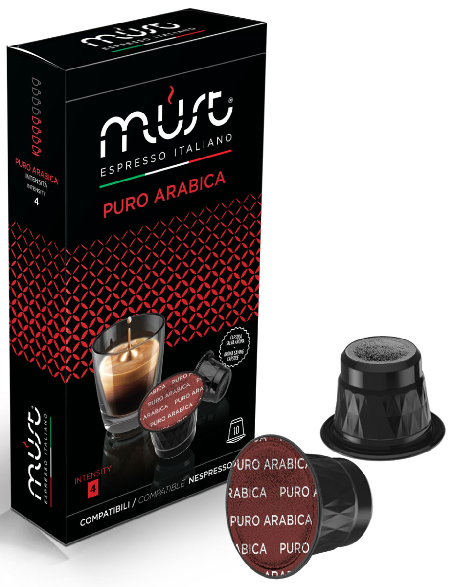 MUST Puro Arabica кофе капсульный, 10 шт0120710 MUST Puro Arabica кофе капсульный, 10 шт0120710Капсульный кофе MUST Puro Arabica сочетает в себе цветочно-медовый и ореховый аромат в контексте с ароматом свежесобранных и только что обжаренных кофейных зерен, которые выражают полный и обволакивающий вкус. Обладает изысканностью, богатой интенсивностью и сладким послевкусием.Уважаемые клиенты! Обращаем ваше внимание на то, что упаковка может иметь несколько видов дизайна. Поставка осуществляется в зависимости от наличия на складе.