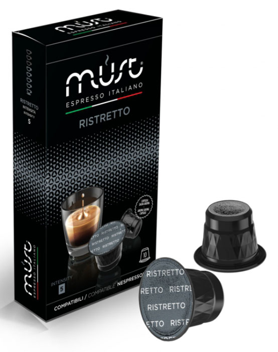 MUST Ristretto кофе капсульный, 10 шт0120710 MUST Ristretto кофе капсульный, 10 шт0120710Маленький глоток кофейного рая – Ristretto, определенно не покажется вам обычным эспрессо. Насыщенный и контрастный, этот короткий капсульный эспрессо оставляет во рту изысканный вкус обжаренного кофе с древесными нотками.MUST Ristretto имеет кисло-сладкий и сливочный вкус и аромат с четкими нотками темного шоколада, миндаля и фруктов. В результате получается кофе, который отлично сочетают в себе сладость, интенсивность и плотность.Уважаемые клиенты! Обращаем ваше внимание на то, что упаковка может иметь несколько видов дизайна. Поставка осуществляется в зависимости от наличия на складе.
