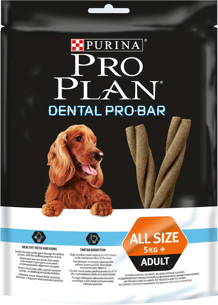 Снеки для собак Pro Plan Dental Pro Bar, для поддержания здоровья полости рта, 150 г0120710 Снеки для собак Pro Plan Dental Pro Bar, для поддержания здоровья полости рта, 150 г0120710Снеки для поддержания здоровья полости рта Pro Plan Dental Pro Bar снижают образование зубного камня на 43%. Мягко массирует десна благодаря эластичной структуре и успокаивающему эффекту гвоздики. Помогает зубам и костям оставаться крепкими благодаря сбалансированному содержанию минералов. Поддерживает хорошее пищеварение благодаря рису - основному источнику углеродов.Состав: рис 40%, сухой белок птицы, хлорид натрия, пшеница, ортофосфат кальция, животный жир, вкусоароматическая кормовая добавка, гвоздика (порошок, 0,2%), бентонит 1,6%, антиокислители.Содержание питательных веществ: сырой белок 9%, сырой жир 3%, сырая зола 12%, сырая клетчатка 1,5%, кальций 1,3%, фосфор 0,9%.Товар сертифицирован.