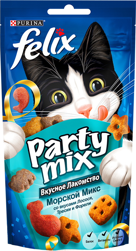 Лакомство для кошек Felix Party Mix Морской Микс, cо вкусами лосося, трески и форели, 60 г0120710 Лакомство для кошек Felix Party Mix Морской Микс, cо вкусами лосося, трески и форели, 60 г0120710Вкусное лакомство Felix Party Mix Морской Микс cо вкусами лосося, трески и форели - это дополнение к ежедневному рациону, с помощью которого вы можете баловать вашего питомца, когда вам этого хочется. В каждой упаковке вы найдете удивительное сочетание ароматных гранул с восхитительным вкусом и аппетитной текстурой! И это еще не все! Вкусное Лакомство содержит белок, витамины и Омега 6 жирные кислоты для того, чтобы помочь Вашему питомцу быть счастливым и здоровым. Рекомендации по кормлению: Ежедневная норма кормления для взрослой кошки весом 4 кг: до 15г или примерно до 40 гранул. Обычный ежедневный рацион желательно корректировать в соответствии с количеством используемого лакомства. Свежая питьевая вода всегда должна быть доступна для вашей кошки. Присутствуйте рядом с вашим питомцем во время кормления Вкусным Лакомством.Состав: мясо и продукты его переработки, злаки, жиры и масла, растительный белок, рыба и продукты ее переработки (26%)*, минеральные вещества, различные сахара, дрожжи, консерванты, красители, витамины и антиоксиданты. (*Эквивалентно 3.5% восстановленной рыбы и продуктов ее переработки, из которых содержание лосося - 0.5%, трески - 0.5% и форели - 0.5%). Добавленные вещества: МЕ/кг: Витамин А: 31 700; Витамин Д: 1 000; Витамин Е: 170; МГ/кг: Железо: 75; Йод: 1.9; Медь: 12; Марганец: 36; Цинк: 140; Селен: 0.12. Гарантируемые показатели: Белок 35.0%; Жир 20.0%; Сырая зола 8.5%; Сырая клетчатка 0.5%; Линолевая кислота (Омега 6) 26 900 мг/кг. Товар сертифицирован.Уважаемые клиенты!Обращаем ваше внимание на возможные изменения в дизайне упаковки. Качественные характеристики товара остаются неизменными. Поставка осуществляется в зависимости от наличия на складе.