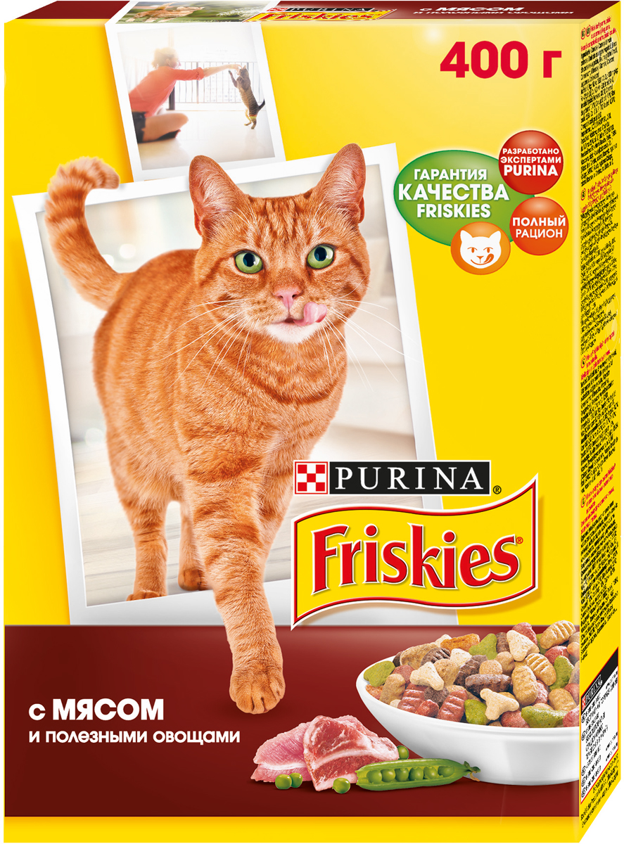 Корм сухой для кошек Friskies, с мясом и полезными овощами, 400 г0120710 Корм сухой для кошек Friskies, с мясом и полезными овощами, 400 г0120710Сбалансированное, полнорационное и вкусное питание для взрослых кошек Friskies изготовлено с использованием ингредиентов высокого качества. Корм разработан экспертами Nestle Purina Petcare на базе 85-летнего опыта в области питания для животных. Уникальный характер вашего питомца создаёт особенную атмосферу вашего дома, добавляя радость в вашу жизнь. Ему необходимо полнорационное и сбалансированное питание с содержанием витаминов и минеральных веществ, что поможет поддерживать здоровье и жизненную энергию вашей кошки. Корм не содержит усилителей вкуса. Витамины и минеральные вещества, содержащиеся в корме: Белок способствует укреплению мышц и дает энергию; Кальций, фосфор и витамин D важны для поддержания здоровья костей и зубов; Омега 6 жирные кислоты помогают поддерживать шерсть здоровой и блестящей; Таурин важен для хорошего зрения и здорового сердца. Состав: злаки, мясо и продукты его переработки, продукты переработки овощей, растительный белок, жиры и масла, дрожжи, консерванты, витамины, минеральные вещества, овощи, красители и антиоксиданты. Добавленные вещества: витамин А - 12500 МЕ/кг, витамин Д3 - 1000 МЕ/кг, железо - 47,5 мг/кг, йод - 1,5 мг/кг, медь - 9 мг/кг, марганец - 5 мг/кг, цинк - 67 мг/кг, селен - 0,1 мг/кг.Гарантируемые показатели: белок - 30,0%, жир - 10,0%, сырая зола - 7,5%, сырая клетчатка - 2,5%, кальций - 1,0%, фосфор - 1,0%, таурин - 0,09%, омега 6 жирные кислоты - 1,5%.Товар сертифицирован.