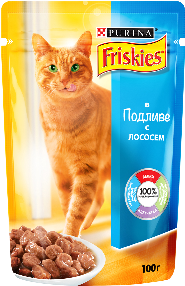 Консервы для кошек Friskies, с лососем в подливе, 100 г0120710 Консервы для кошек Friskies, с лососем в подливе, 100 г0120710Консервированный корм для кошек Friskies является полнорационным и сбалансированным питанием с белком, минеральными веществами, таурином и Омега 6 жирными кислотами - всё, что необходимо Вашей кошке каждыйдень. Состав: мясо и продукты его переработки (20%), злаки, рыба и продукты её переработки (4% лосось), минеральные вещества, сахара, витамины. Добавленные вещества: Витамины (МЕ/кг): витамин А 660; витамин D3 100. Минеральные вещества (мг/кг): железо 23; йод 0,29; медь 2,6; марганец 4,5; цинк 37, таурин 420. Гарантированные показатели: влажность 82,5%, белок 7,0%, жир 3,0%, сырая зола 1,9%, сырая клетчатка 0,2%, линолевая кислота (Омега 6 жирные кислоты) 0,4%.Товар сертифицирован.
