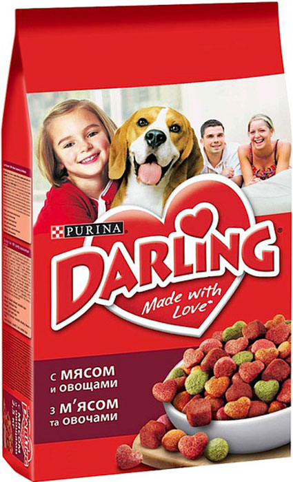Корм сухой Darling для взрослых собак, с мясом и овощами, 2,5 кг0120710 Корм сухой Darling для взрослых собак, с мясом и овощами, 2,5 кг0120710Сухой корм Darling является полнорационным сбалансированным питанием для взрослых собак. Сухой корм Darling содержит: - белок - для поддержания мышечной системы;- углеводы - для энергичности;- клетчатка - для хорошего пищеварения;- жиры - для блестящей шерсти;- витамины и минеральные вещества - необходимые питательные вещества для организма.- важнейшие минеральные вещества и витамин D для сильных костей. Состав: злаки, мясо и субпродукты (минимум 4% мяса в темно-красных, оранжевых и зеленых гранулах), масла и жиры, минеральные вещества и овощи (0,5% моркови и 0,5% гороха в темно-красных, оранжевых и зеленых гранулах). Добавленные вещества: мг/кг: железо: 32; йод:1,6; медь: 7,0; марганец: 4,5; цинк: 115; селен: 0,12; МЕ/кг: витамин A: 9 510; витамин D3: 640. Содержит красители, антиокислители и консерванты.Гарантированные показатели: белок 17,0%, жир 7,0%, сырая зола 8,0%, сырая клетчатка 2,0%. Товар сертифицирован.