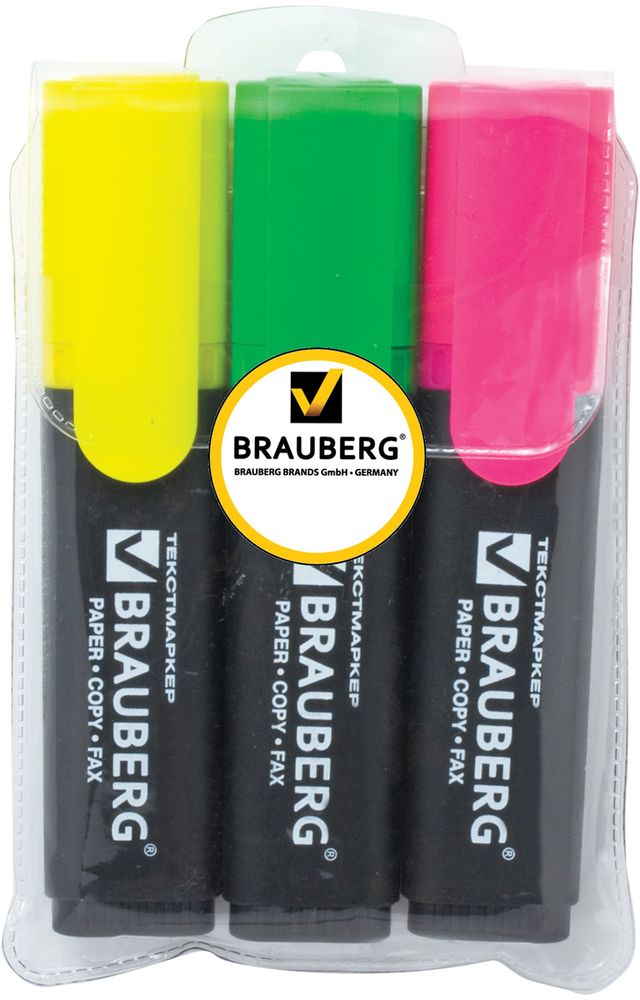 Brauberg Набор маркеров Contract 3 цвета72523WD Brauberg Набор маркеров Contract 3 цвета72523WDПредназначены для выделения текста на бумаге любого типа, включая факс-бумагу. Светоустойчивые чернила не выцветают даже на открытом солнце и не заметны при передаче текста по факсу. Колпачок соответствует цвету чернил. Скошенный износоустойчивый наконечник. Предназначен для письма на любой поверхности. Ширина линии письма – 1-5 мм. Продленная линия письма, экономный расход чернил. В наборе 3 цвета: лимонный, зеленый, розовый.