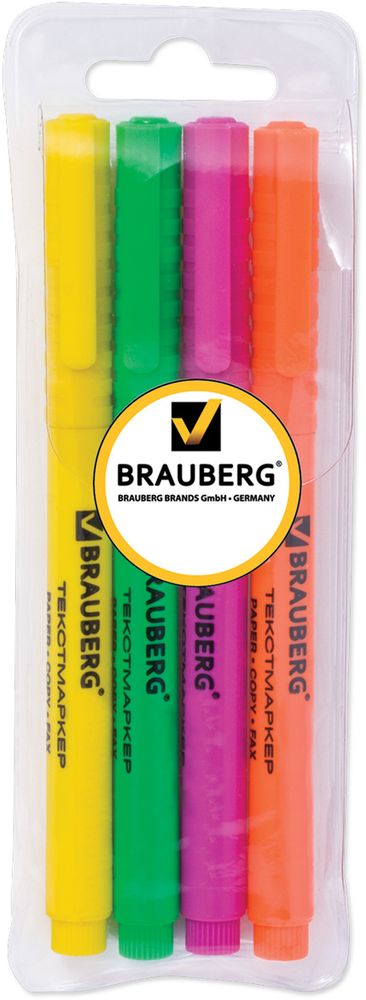 Brauberg Набор маркеров Fluo 4 цветаFS-00103 Brauberg Набор маркеров Fluo 4 цветаFS-00103Текстмаркеры предназначены для выделения текста на обычной бумаге, бумаги для факсов и бумаге для копировальных машин. Яркие, светоустойчивые чернила. Скошенный наконечник. Ширина линии письма - 1-3 мм. Цвет чернил - зеленый, лимонный, розовый, оранжевый. Корпус соответствует цвету чернил. В наборе 4 штуки. Упаковка - полибег с европодвесом.