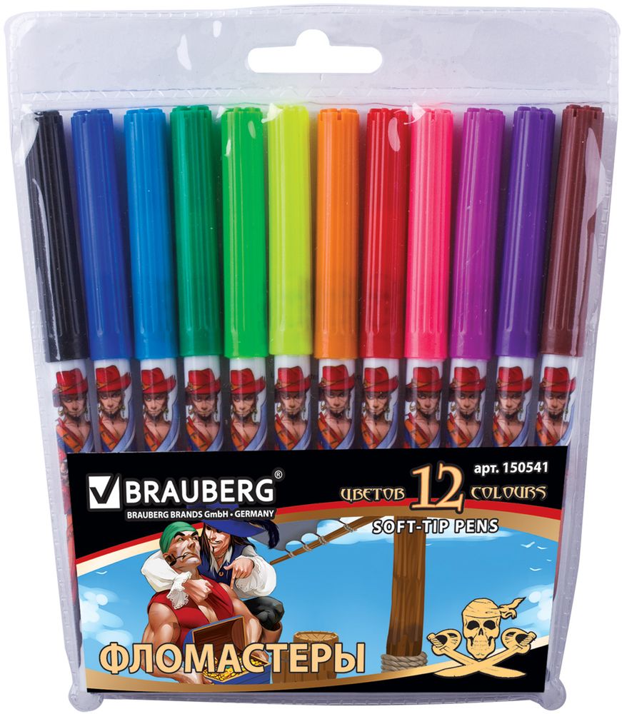 Brauberg Набор фломастеров Корсары 12 цветов0775B001 Brauberg Набор фломастеров Корсары 12 цветов0775B001Практичные и безопасные фломастеры понравятся юным любителям приключений. Полипропиленовый корпус значительно продлевает срок службы фломастеров, а вентилируемый колпачок не причинит вреда при попадании в дыхательные пути малыша. В наборе - 12 цветов. На водной основе. Смываемые. Нетоксичные. Вентилируемый колпачок. Длина - 135 мм. Диаметр - 8,8 мм. Печать на корпусе. Упаковка с европодвесом.