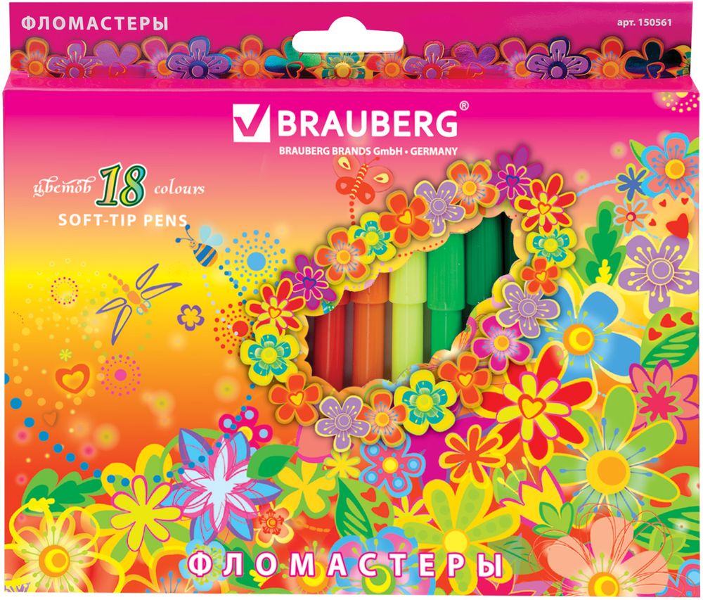 Brauberg Набор фломастеров Blooming flowers 18 цветов72523WD Brauberg Набор фломастеров Blooming flowers 18 цветов72523WDПрактичные и безопасные фломастеры в картонной упаковке с отделкой радужной фольгой. Полипропиленовый корпус значительно продлевает срок службы фломастеров, а вентилируемый колпачок не причинит вреда при попадании в дыхательные пути малыша. В наборе - 18 цветов. На водной основе. Смываемые. Нетоксичные. Вентилируемый колпачок. Длина - 135 мм. Диаметр - 8,8 мм. Увеличенный срок службы. Картонная упаковка с европодвесом и отделкой радужной фольгой.